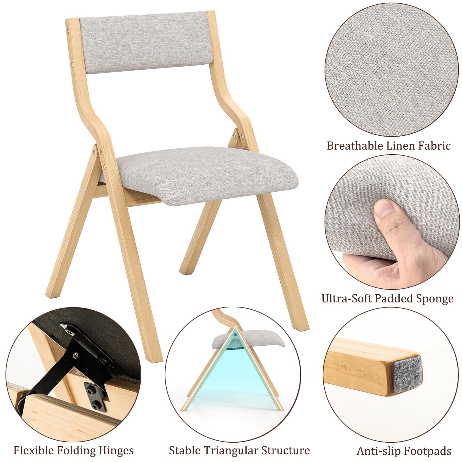 SUGIFT Set of 2 Wooden Folding Dining Chair with Linen Fabric Padded Seat and Backrest