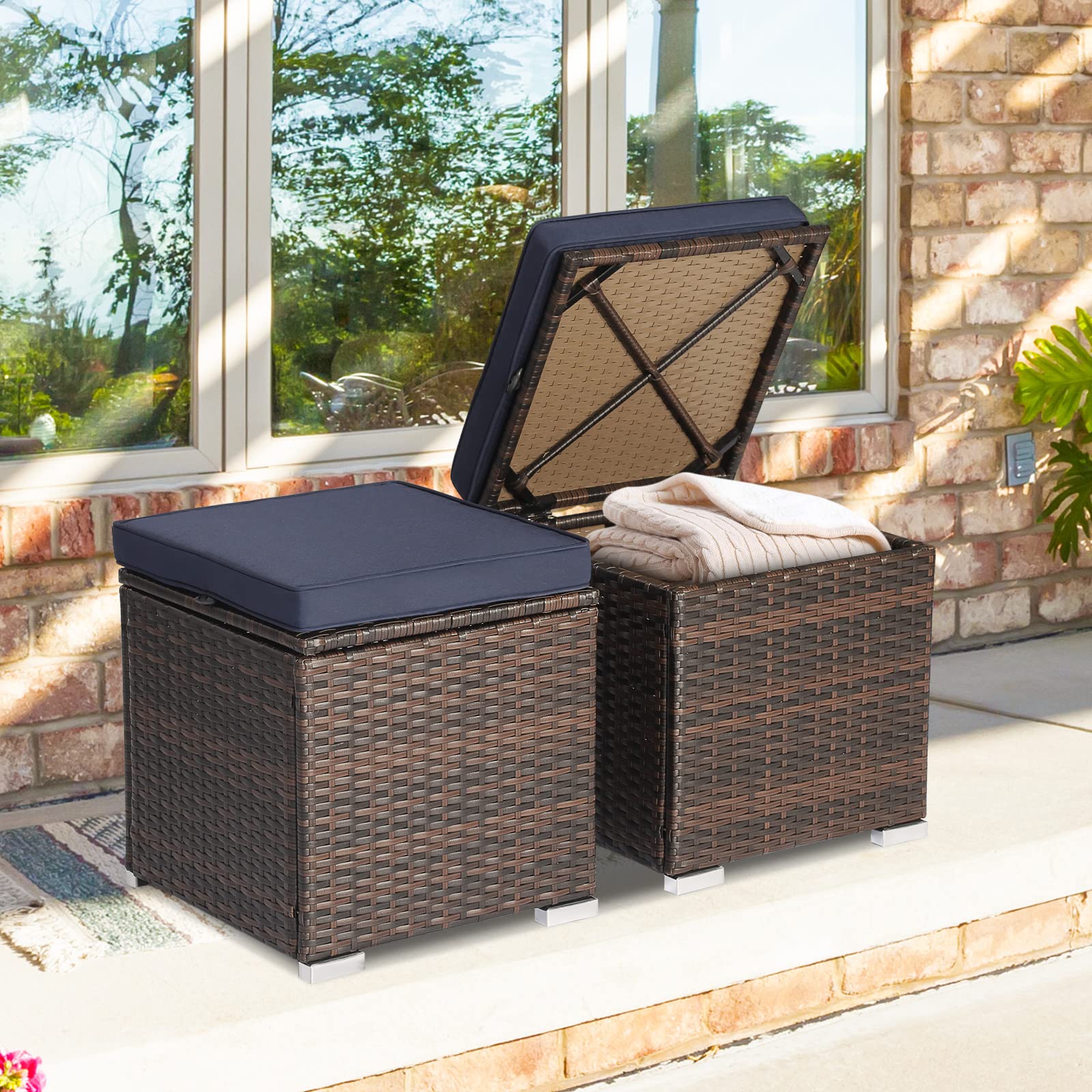 2 Pieces Patio Ottoman with Hidden Storage Space