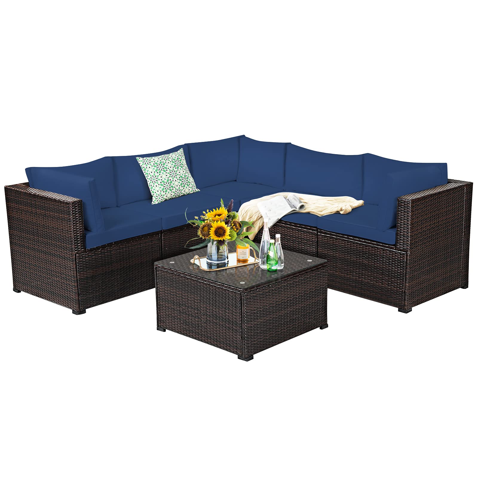 SUGIFT 6 Pieces Rattan Patio Sectional Sofa Set with Cushions for 4-5 Person