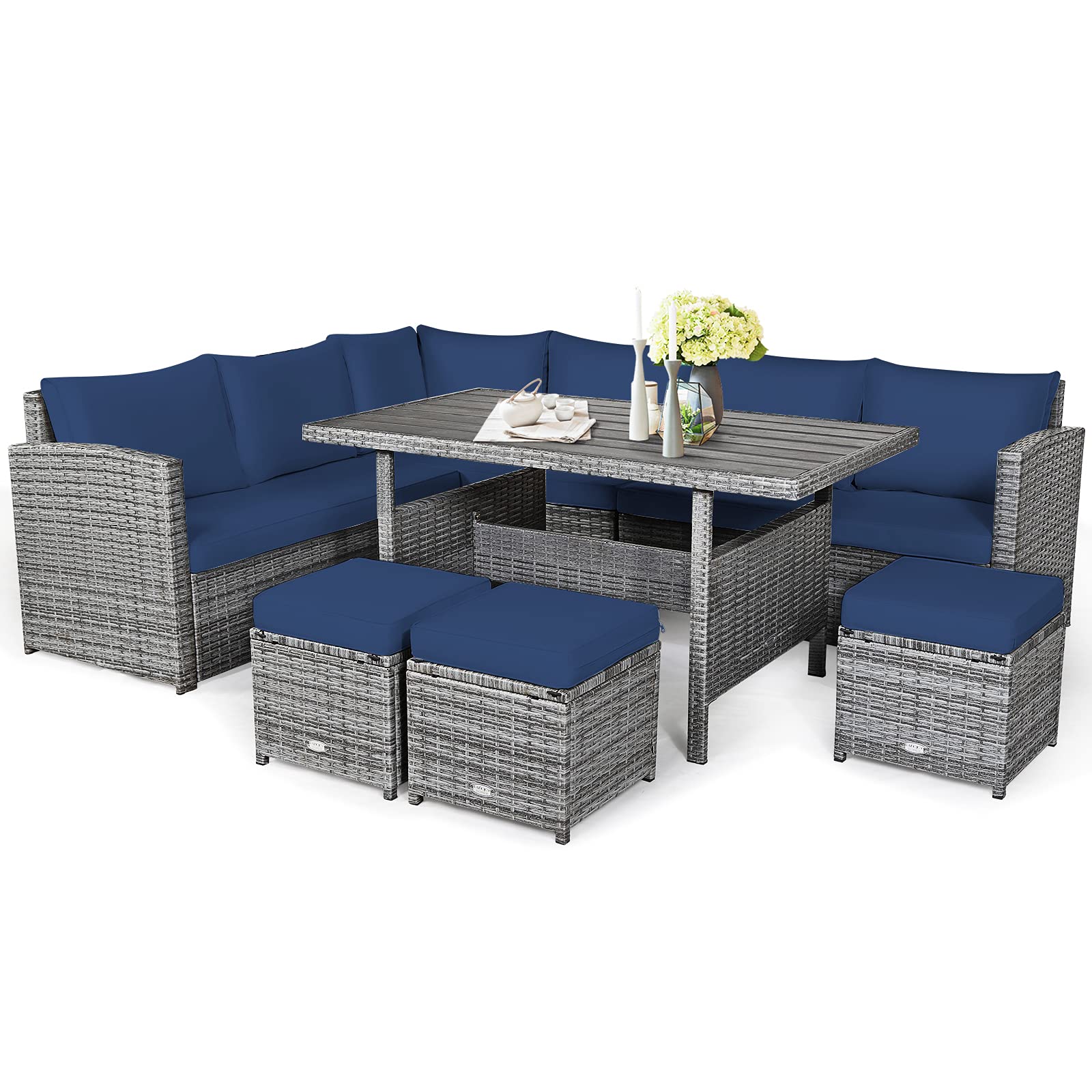 SUGIFT 7 Pieces Outdoor Wicker Sectional Sofa Set with Dining Table