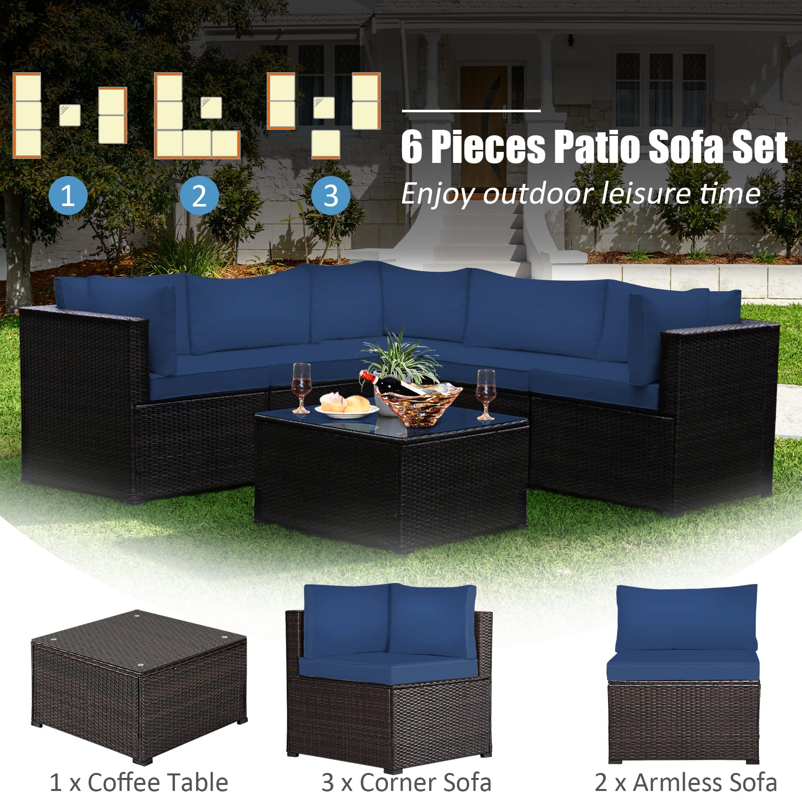 SUGIFT 6 Pieces Rattan Patio Sectional Sofa Set with Cushions for 4-5 Person