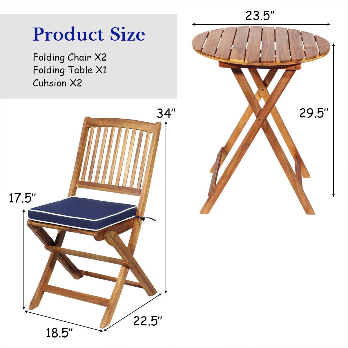 SUGIFT 3 Pieces Patio Folding Bistro Set with Padded Cushion and Round Coffee Table