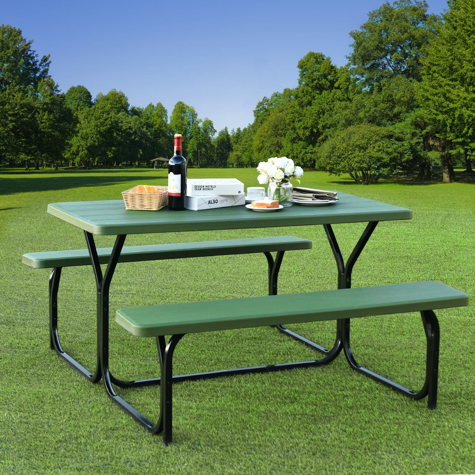 SUGIFT HDPE Outdoor Picnic Table Bench Set with Metal Base