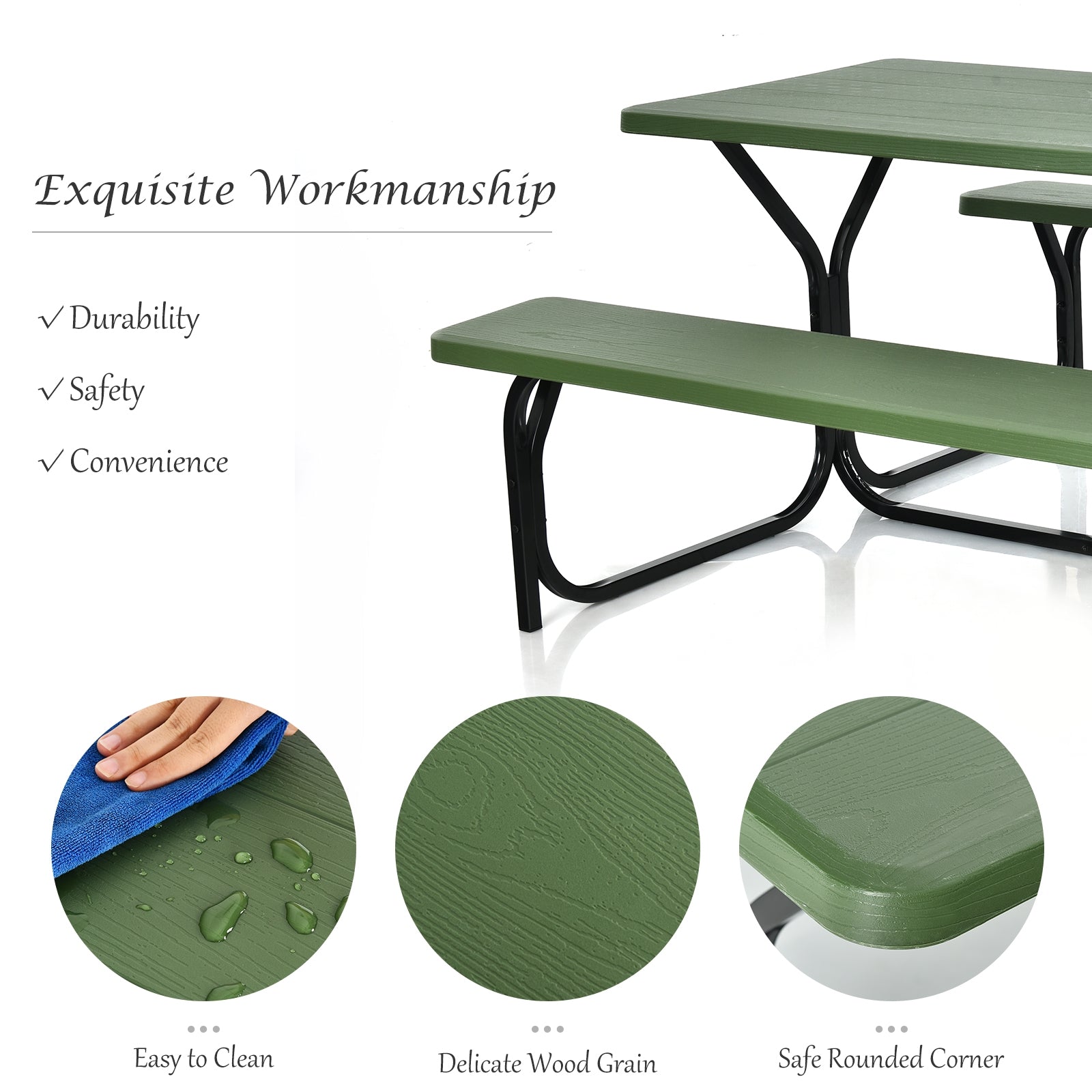 SUGIFT HDPE Outdoor Picnic Table Bench Set with Metal Base