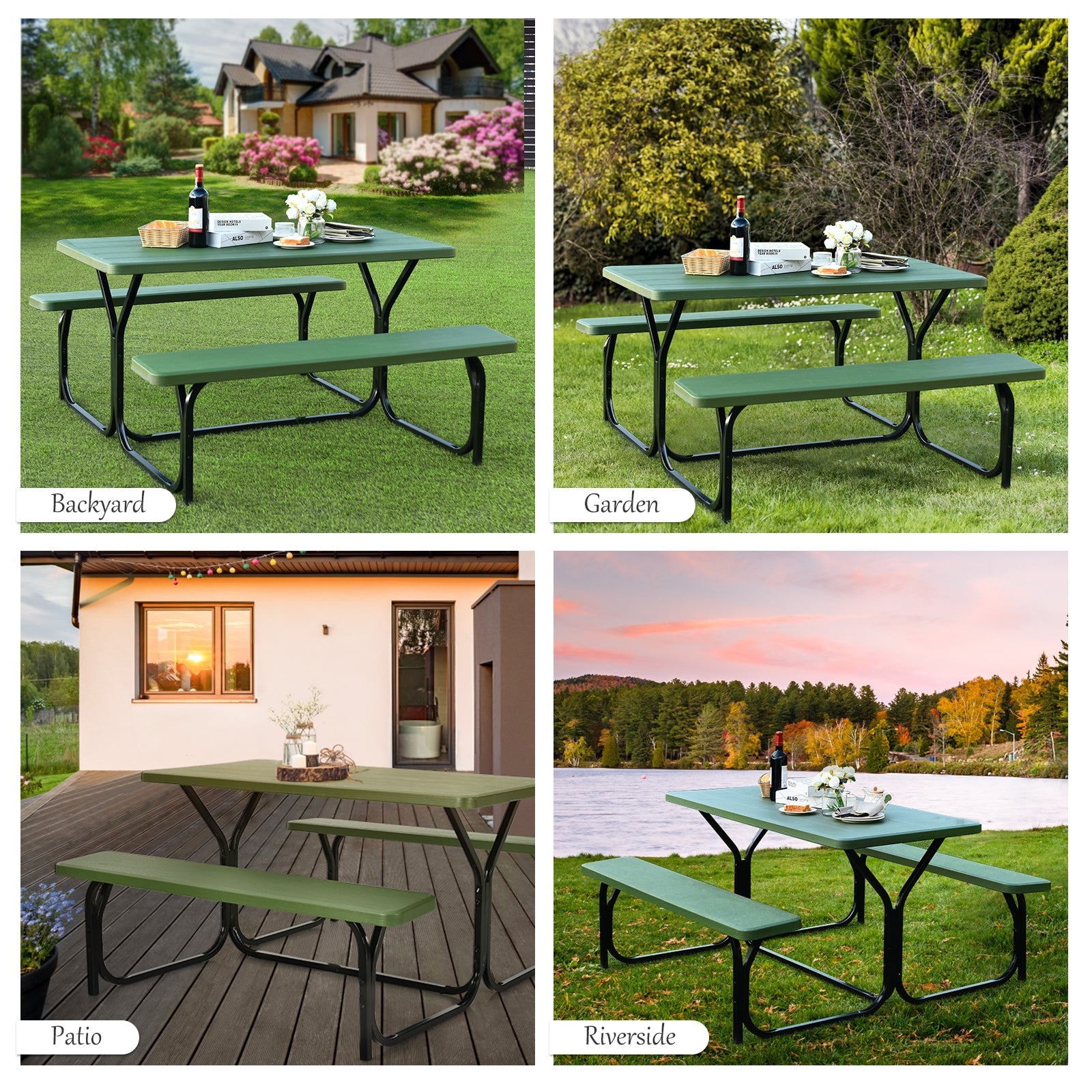 SUGIFT HDPE Outdoor Picnic Table Bench Set with Metal Base