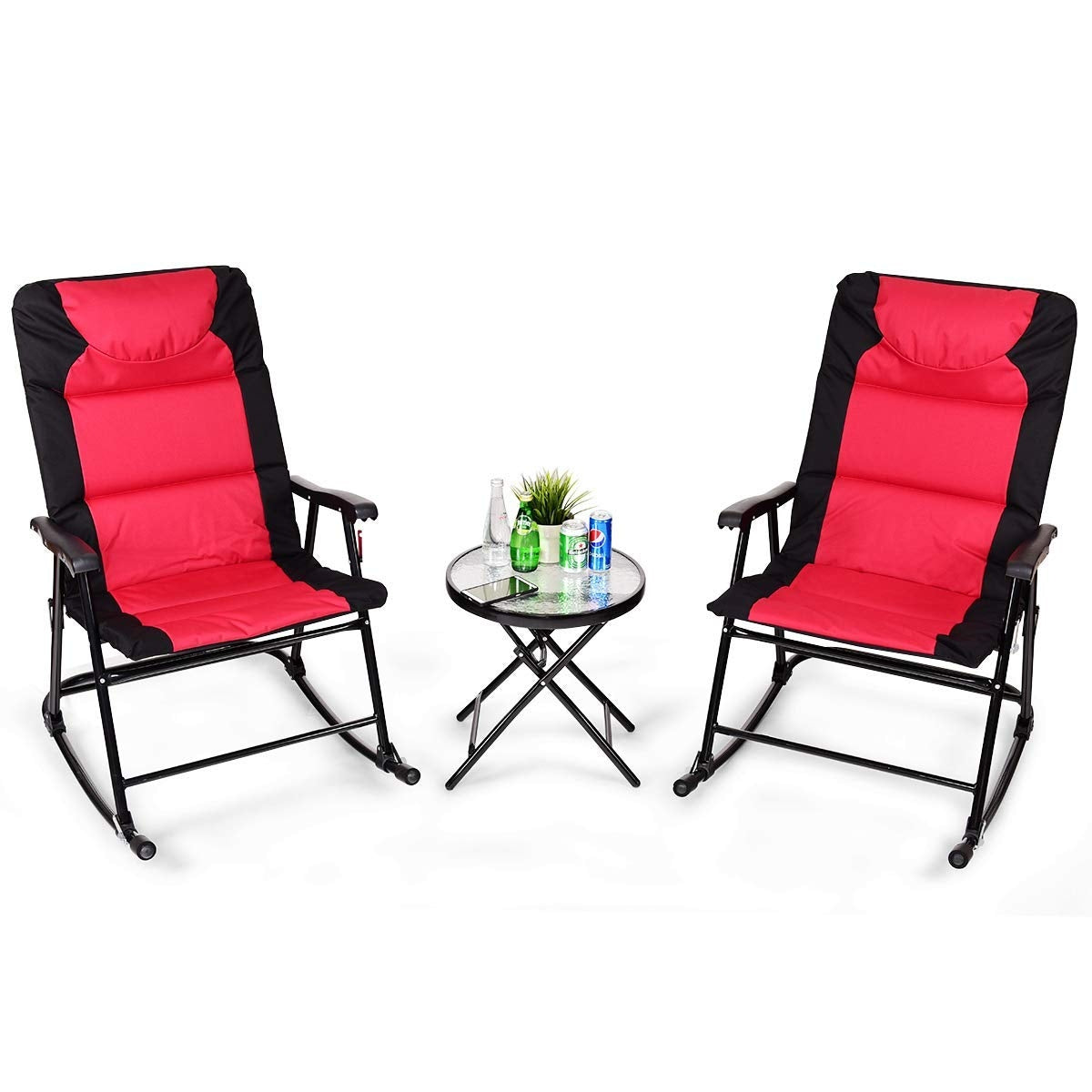 SUGIFT 3 Pieces Outdoor Folding Rocking Chair Table Set with Cushion