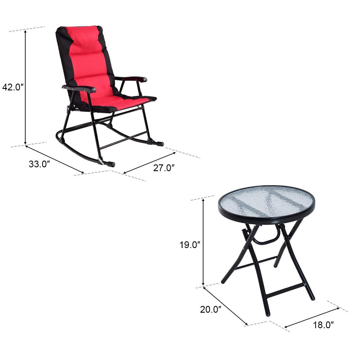 SUGIFT 3 Pieces Outdoor Folding Rocking Chair Table Set with Cushion