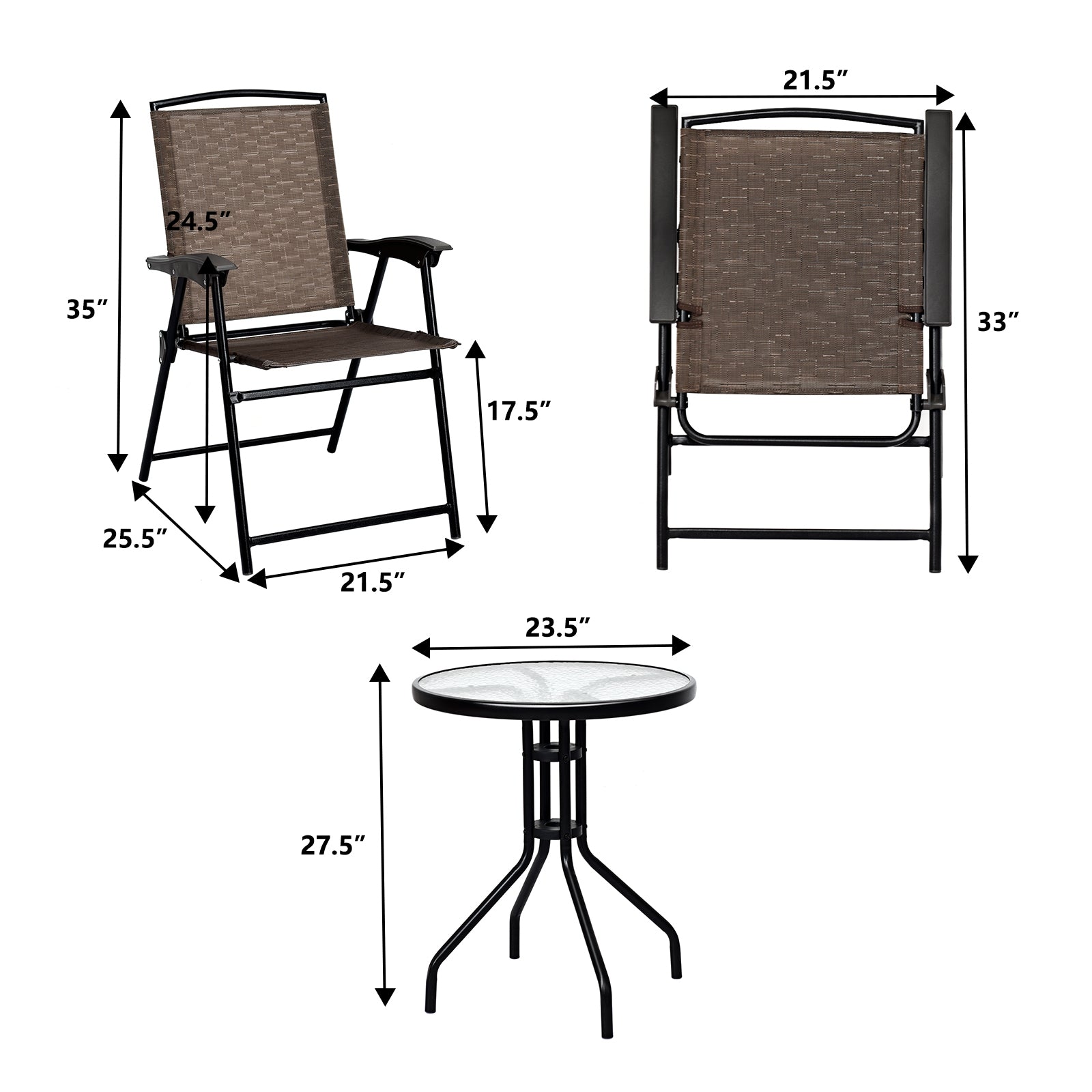 3 Pieces Patio Garden Furniture Set of Round Table and Folding Chairs
