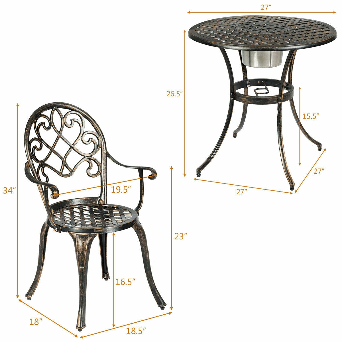 SUGIFT 3 Pieces Outdoor Set Patio Bistro with Attached Removable Ice Bucket