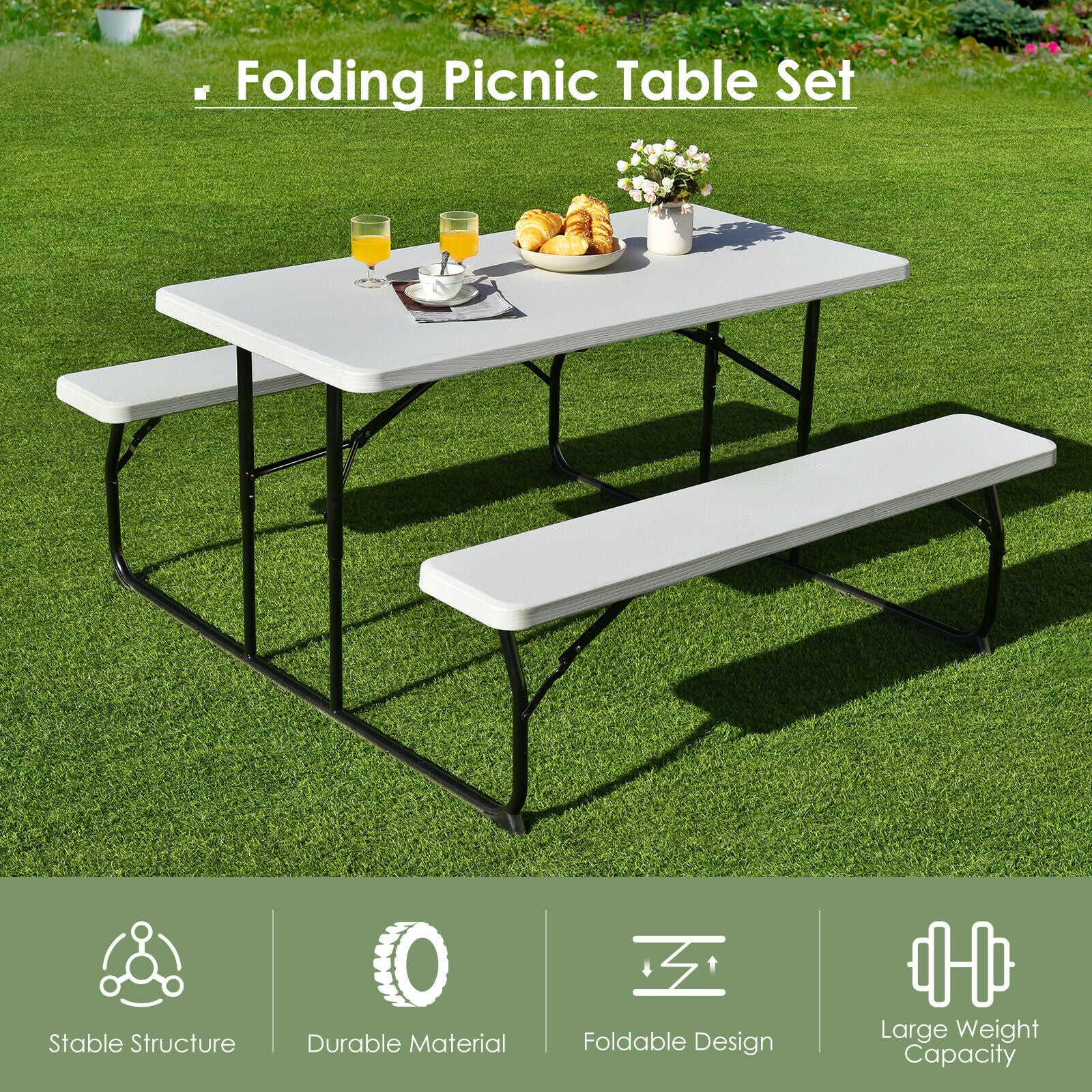 Indoor and Outdoor Folding Picnic Table Bench Set with Wood-like Texture