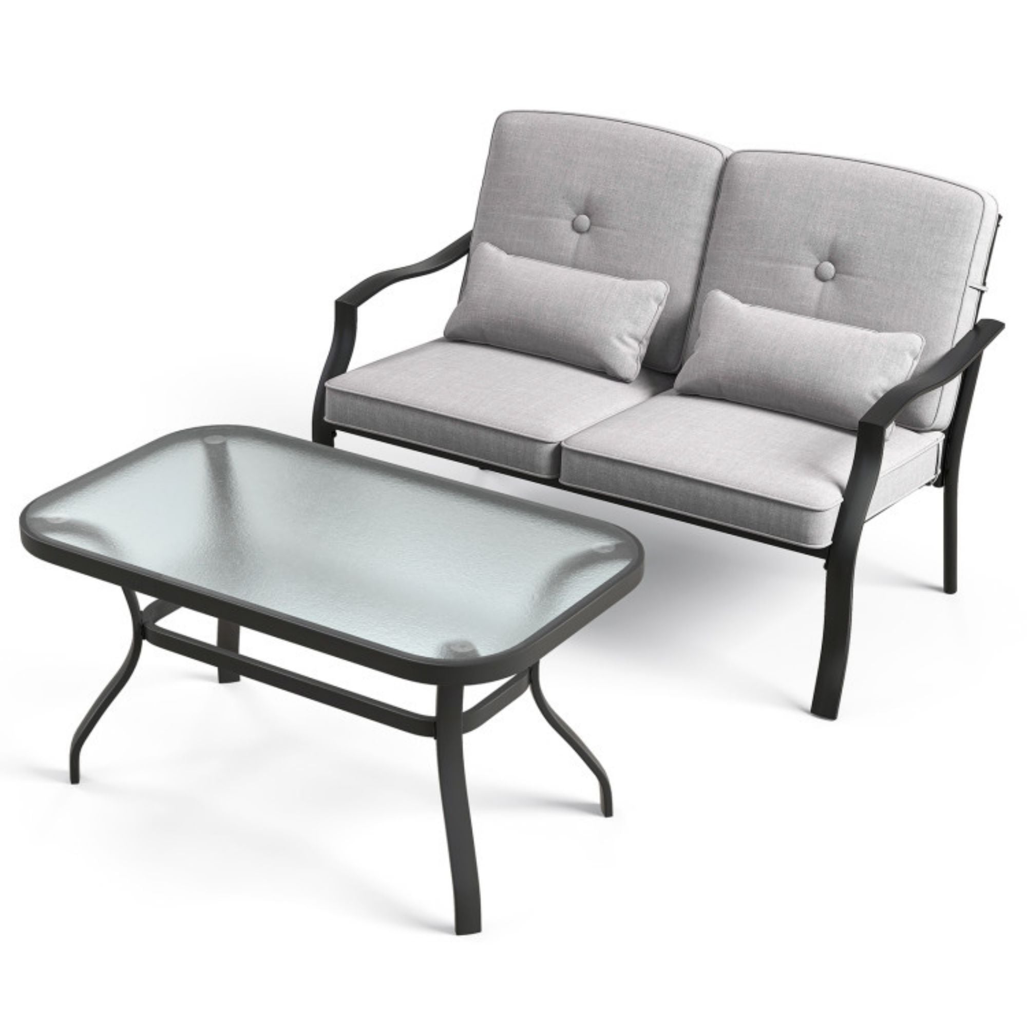 SUGIFT Outdoor Loveseat Chair Set with Tempered Glass Coffee Table