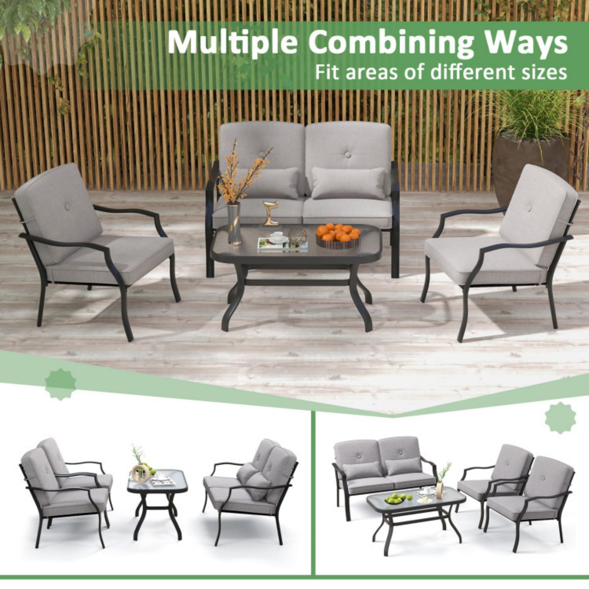 SUGIFT 4 Pieces Outdoor Conversation Set with Seat Back Cushions and Waist Pillows
