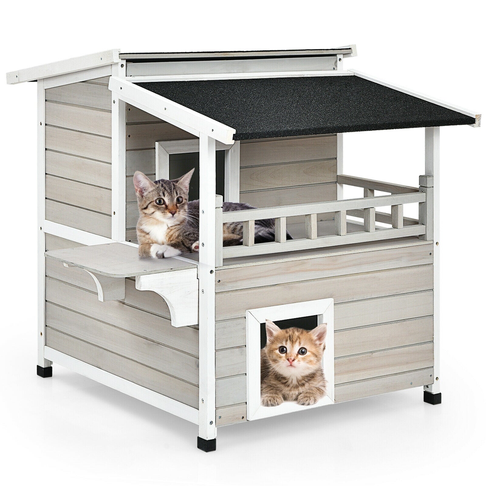 SUGIFT 2-Story Wooden Patio Luxurious Cat Shelter House Condo with Large Balcony