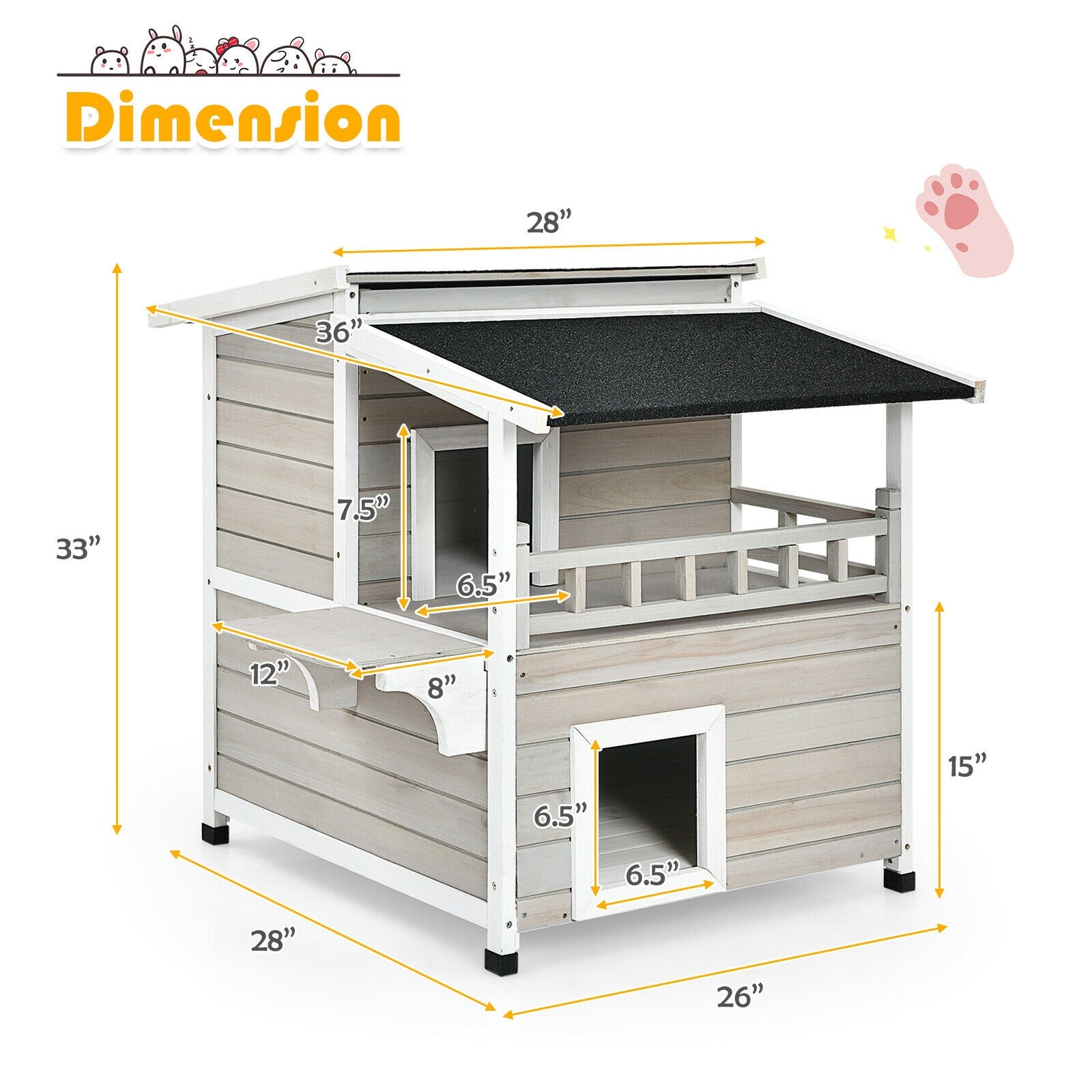 SUGIFT 2-Story Wooden Patio Luxurious Cat Shelter House Condo with Large Balcony