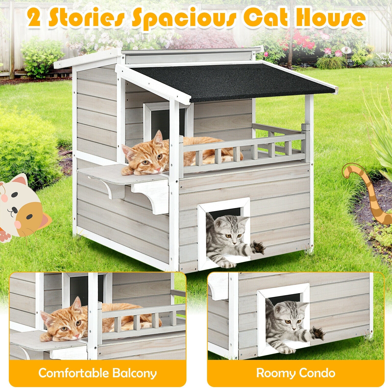 SUGIFT 2-Story Wooden Patio Luxurious Cat Shelter House Condo with Large Balcony