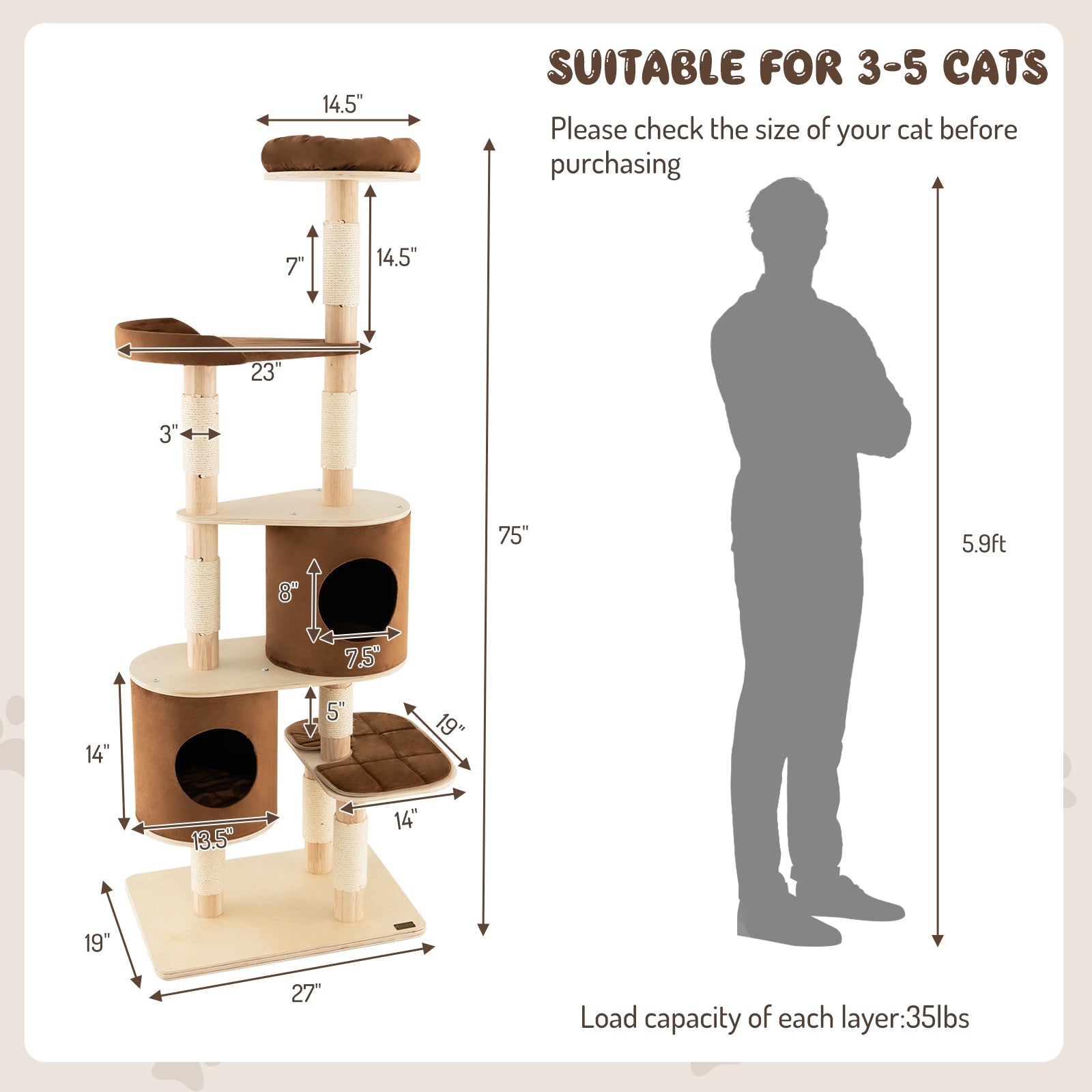 SUGIFT 6-Tier Wooden Cat Tree with 2 Removeable Condos Platforms and Perch