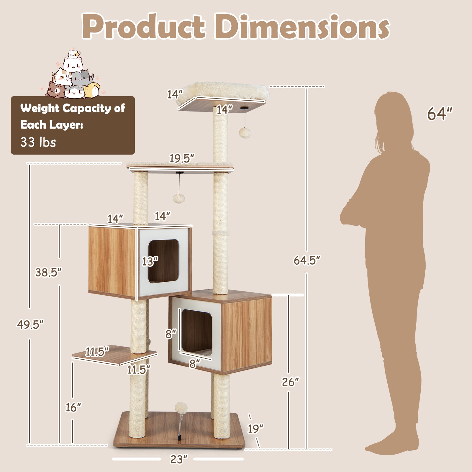 SUGIFT Modern Wooden Cat Tree with Perch Condos and Washable Cushions