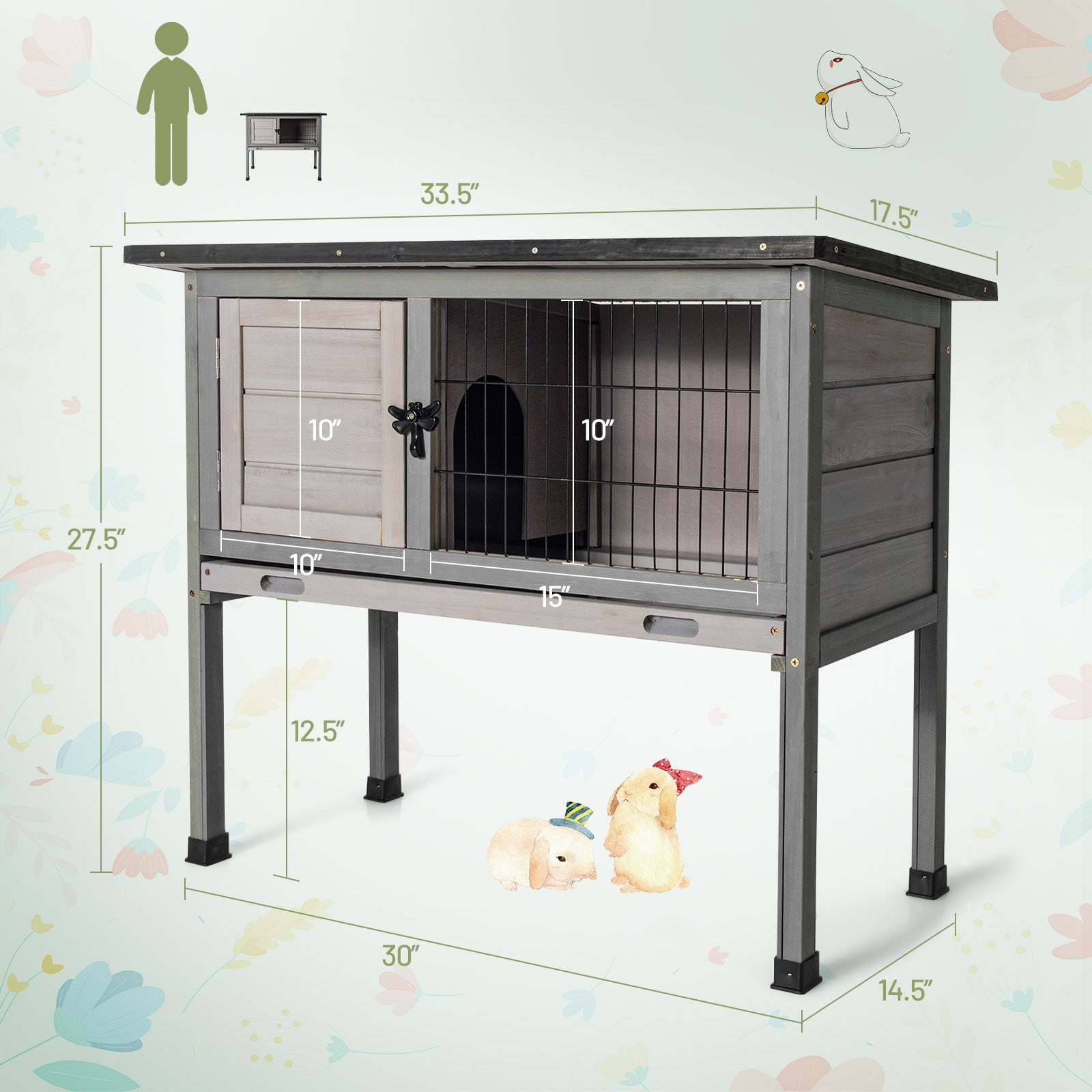 SUGIFT Small Elevated Rabbit Hutch with Hinged Asphalt Roof and Removable Tray