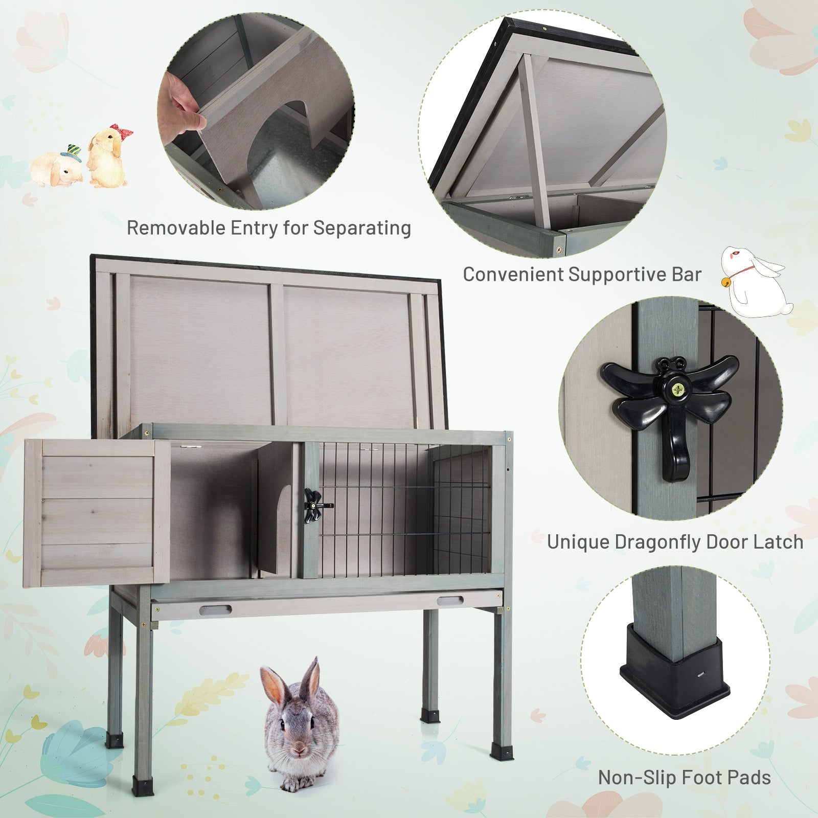 SUGIFT Small Elevated Rabbit Hutch with Hinged Asphalt Roof and Removable Tray