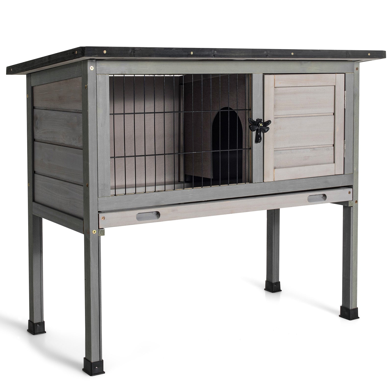 SUGIFT Small Elevated Rabbit Hutch with Hinged Asphalt Roof and Removable Tray