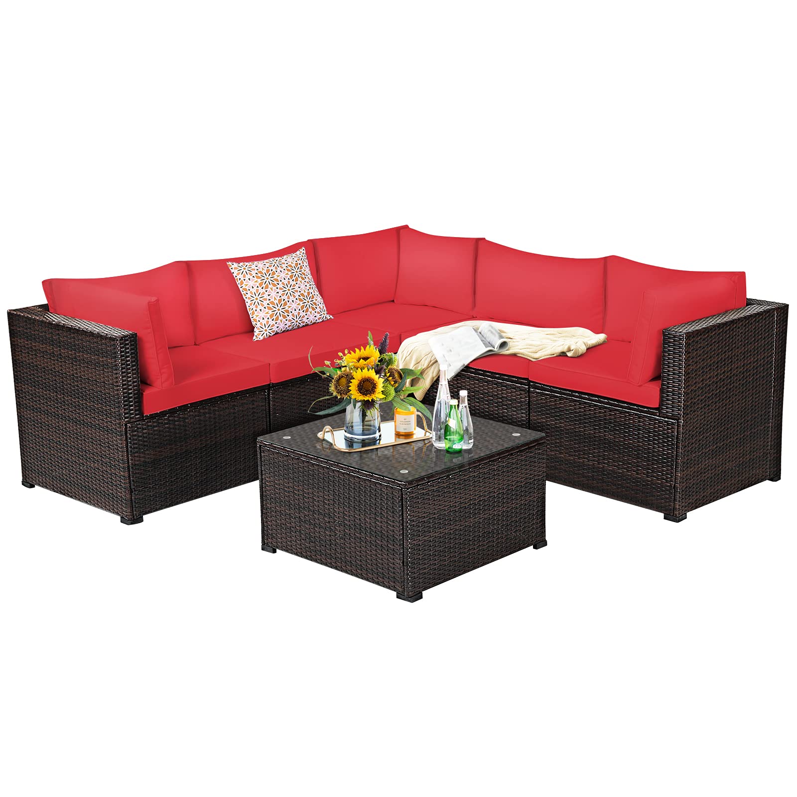 SUGIFT 6 Pieces Rattan Patio Sectional Sofa Set with Cushions for 4-5 Person