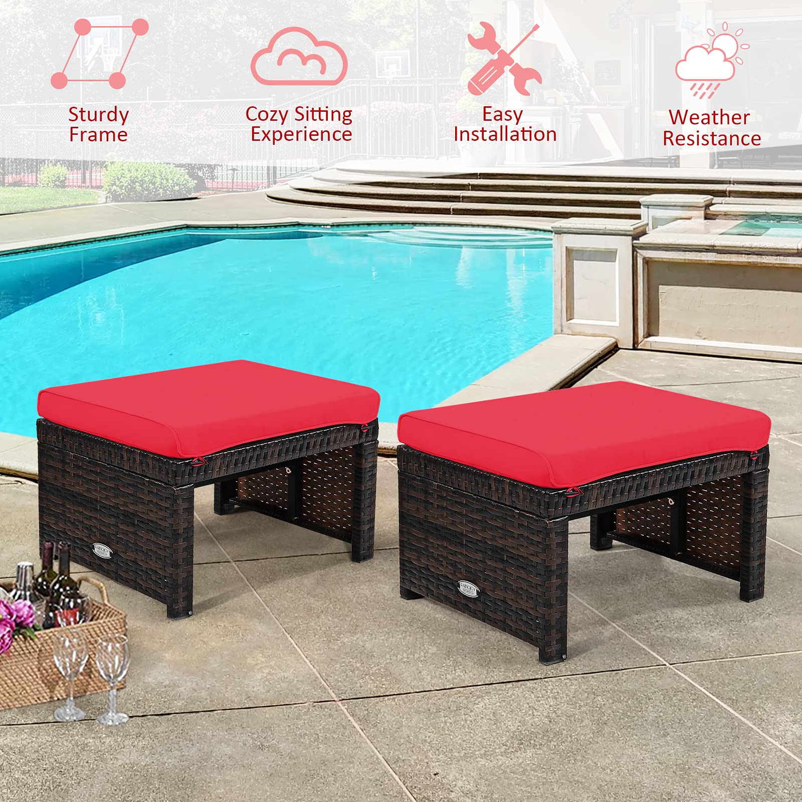 2 Pieces Patio Rattan Ottomans with Soft Cushion for Patio and Garden