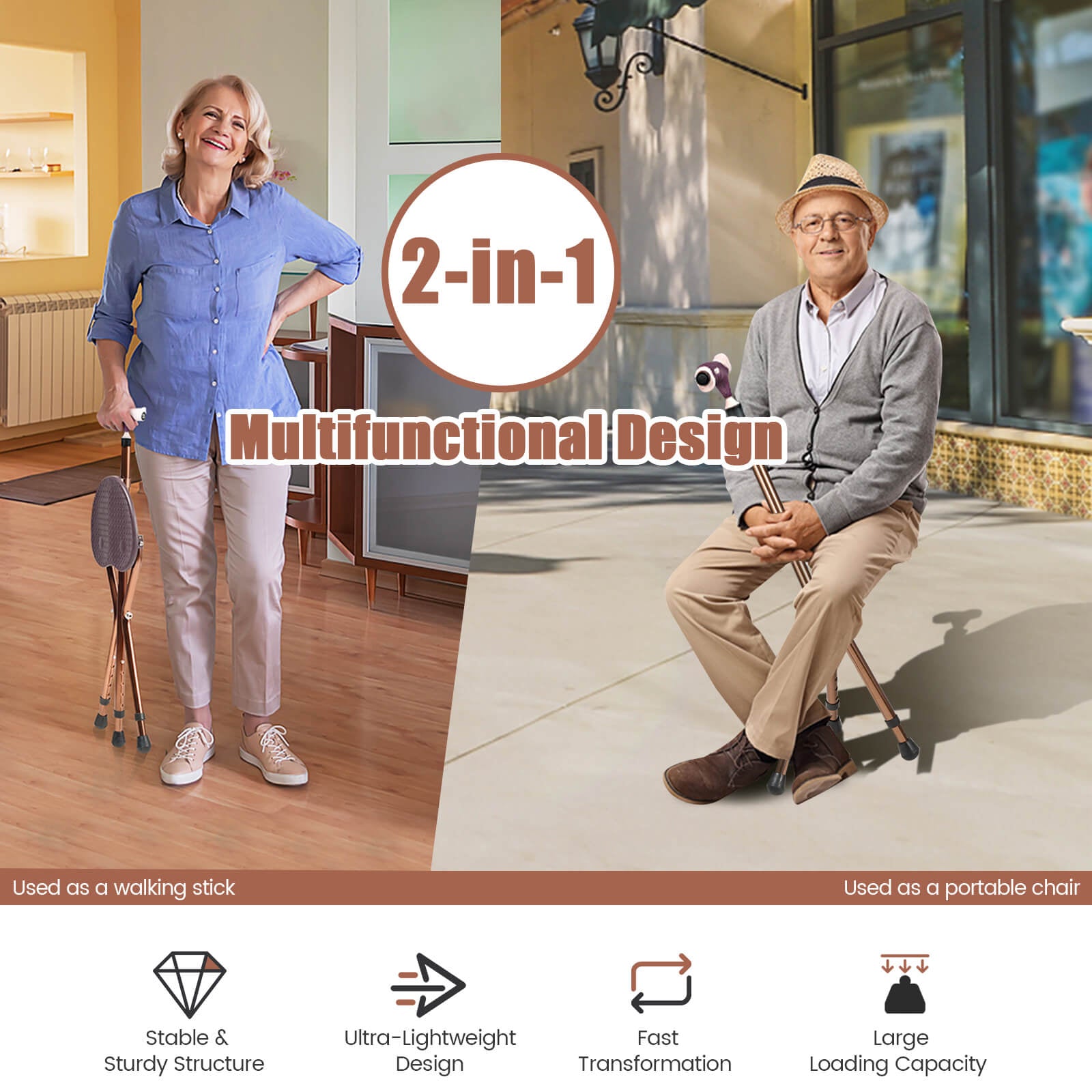 Lightweight Adjustable Folding Cane Seat Aluminum Alloy Crutch Chair With Light