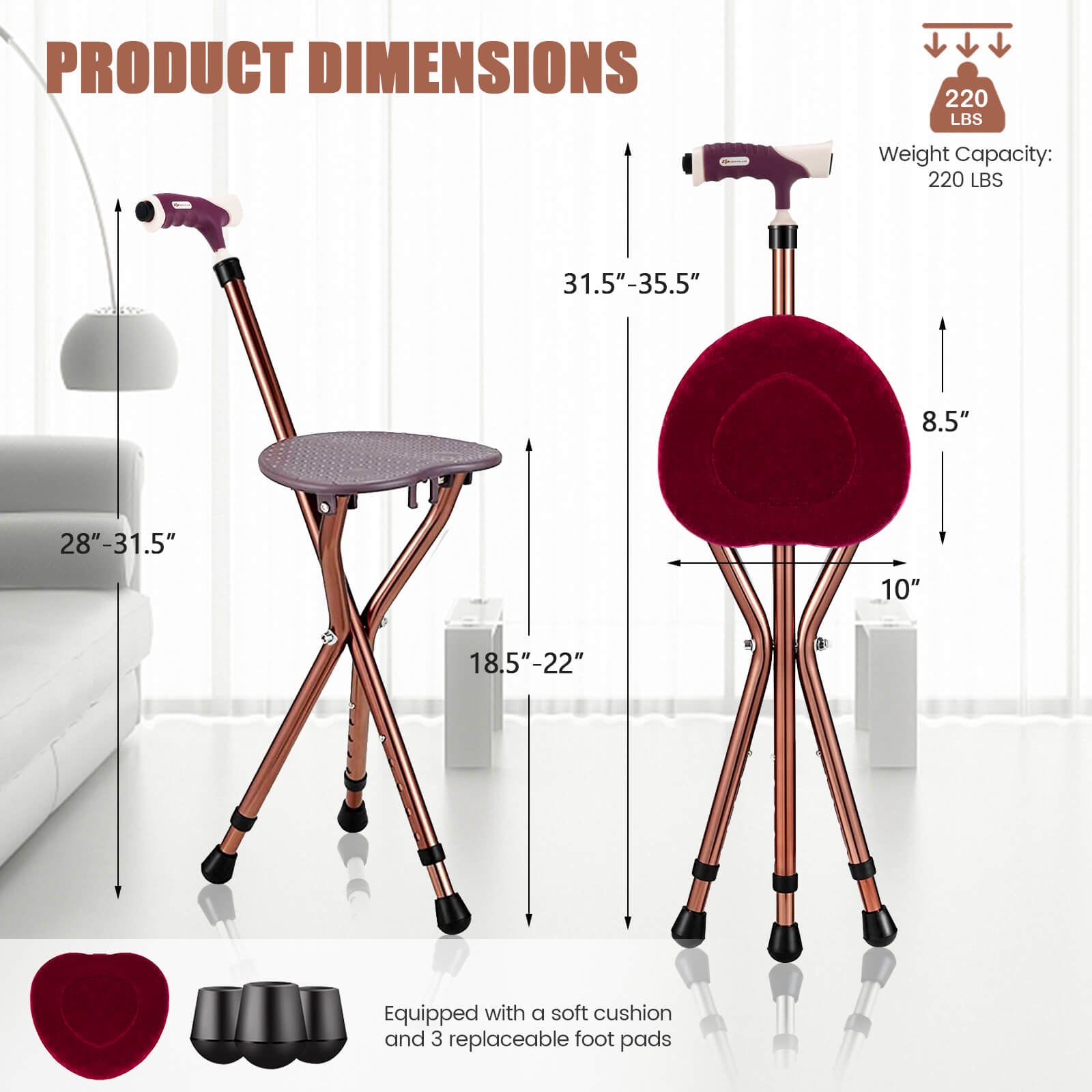 Lightweight Adjustable Folding Cane Seat Aluminum Alloy Crutch Chair With Light