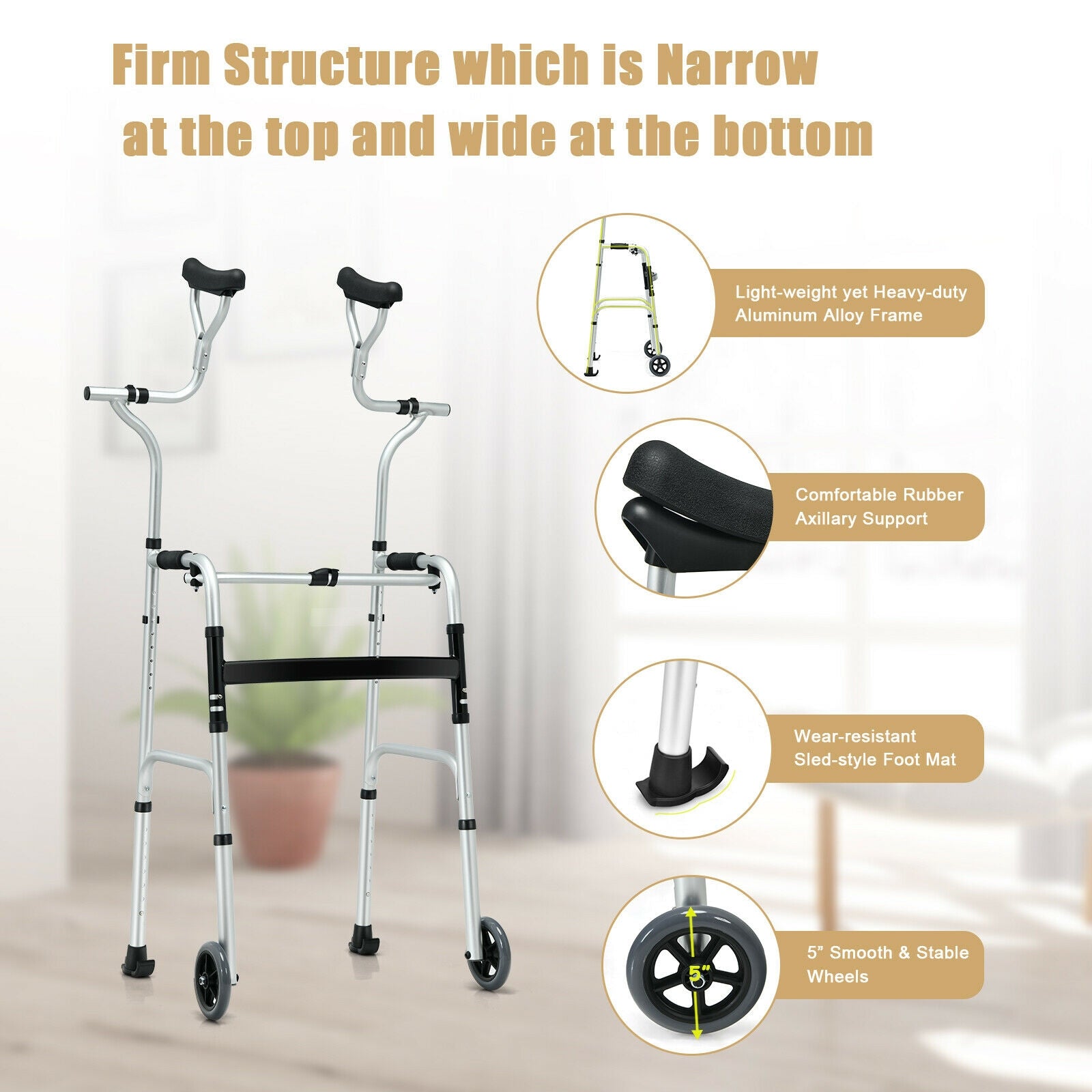 Foldable Rehabilitation Auxiliary Walker with 5 Inch Wheels