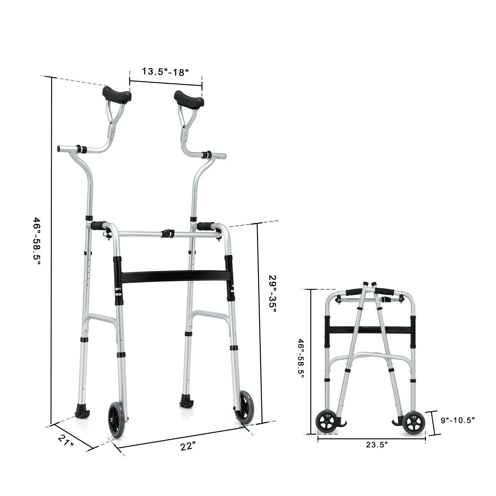 Foldable Rehabilitation Auxiliary Walker with 5 Inch Wheels