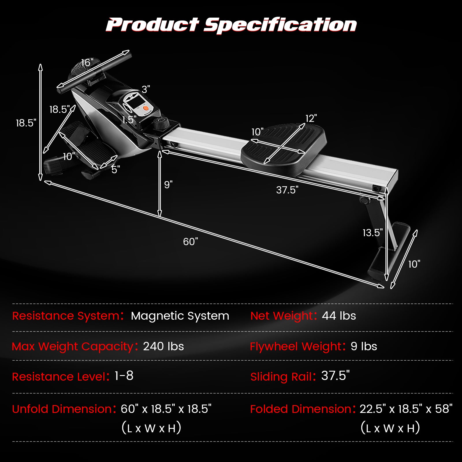 Adjustable Oxygen Resistance of Folding Magnetic Rowing - Black
