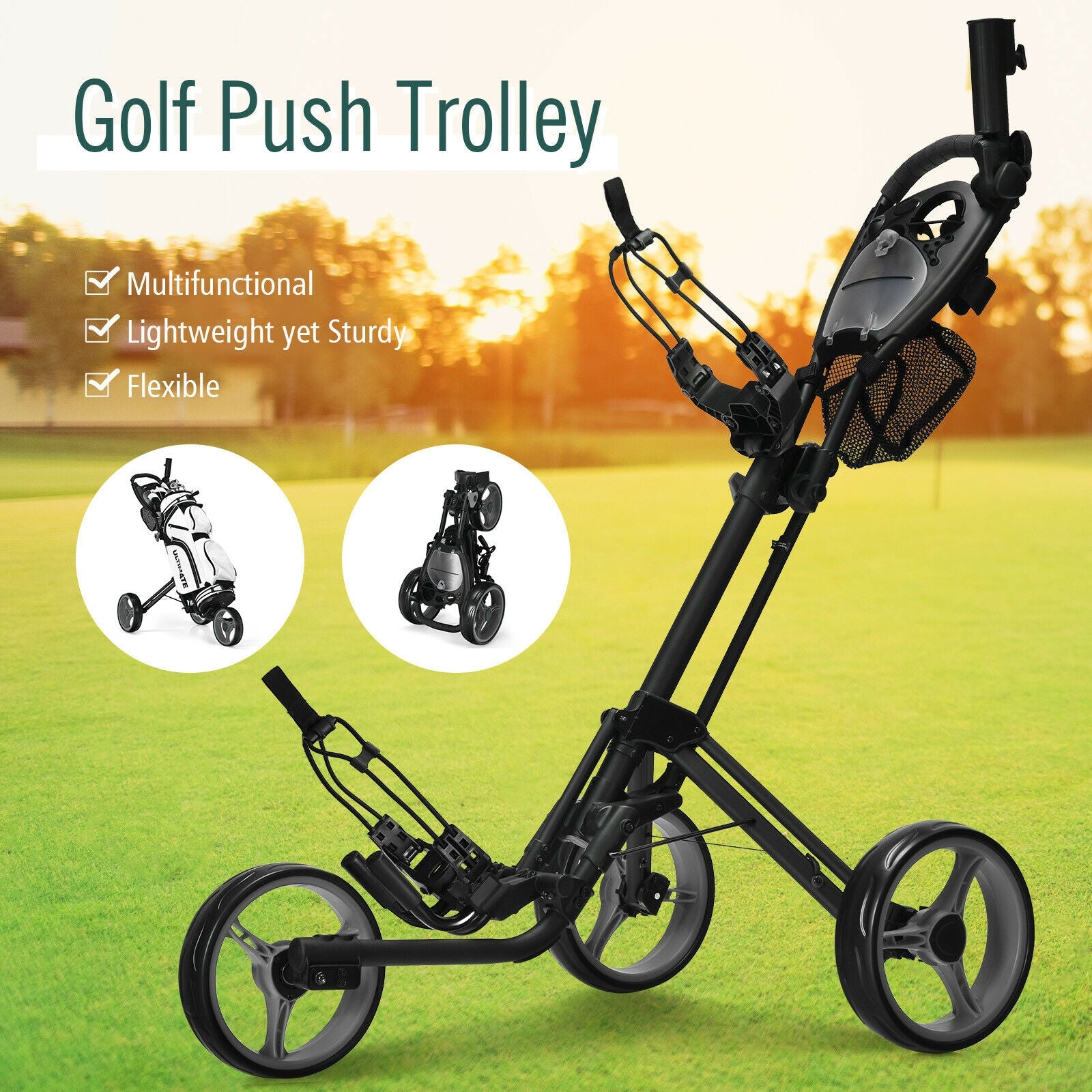 3 Wheel Folding Golf Push Cart with Brake Scoreboard Adjustable Handle, Black