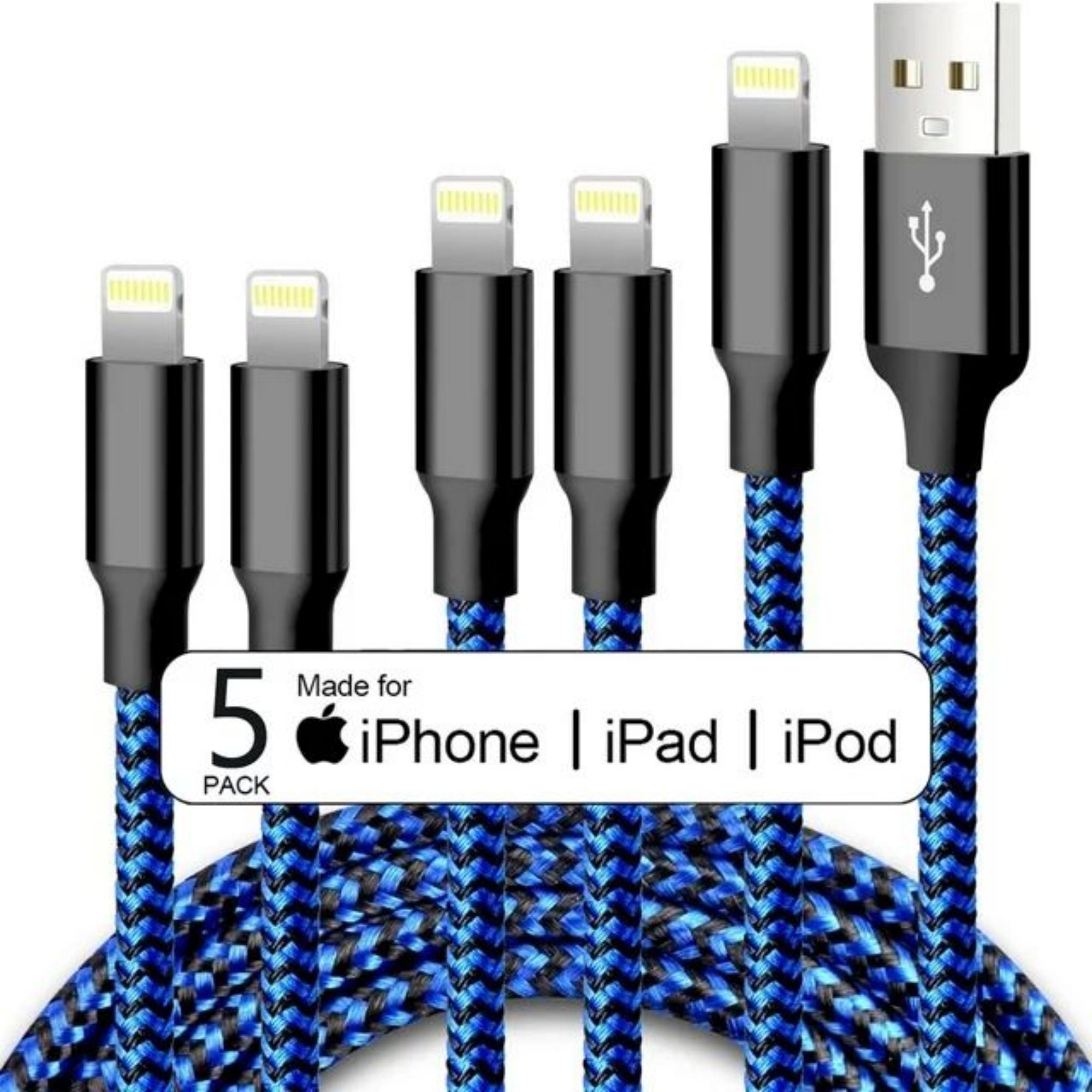 SUGIFT iPhone Charger Lightning Cable 5 Pack [3/3/6/6/10ft] Nylon Braided, Blue