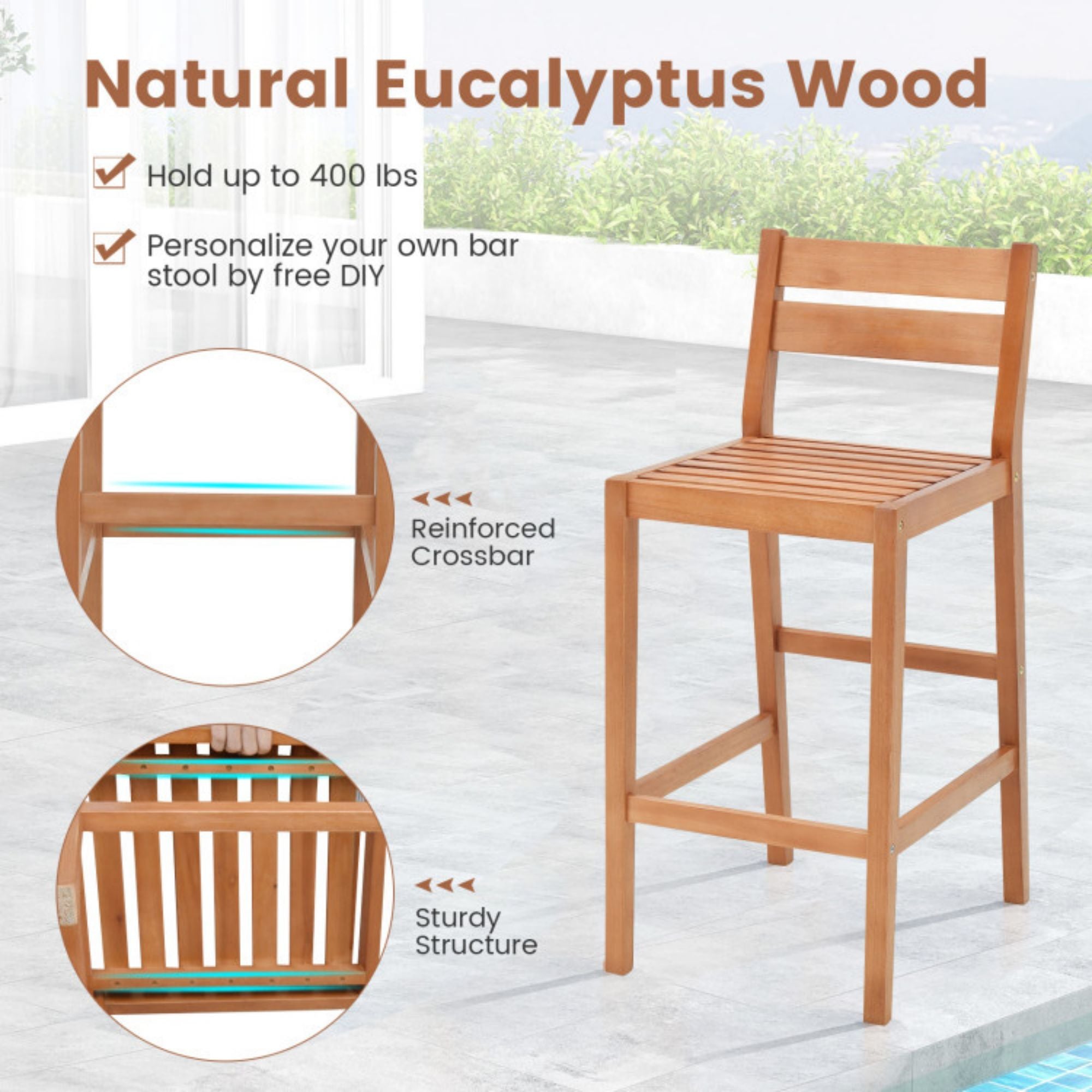 SUGIFT Set of 2 Outdoor Wood Barstools with Soft Seat Cushion