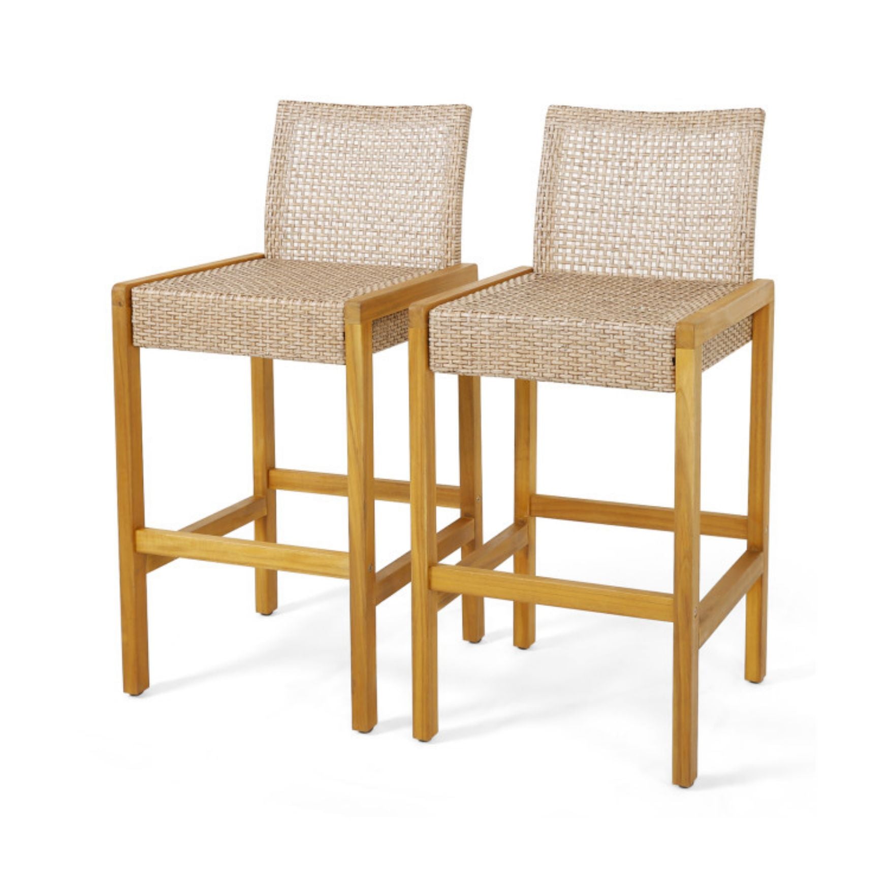SUGIFT Set of 2 Rattan Patio Wood Barstools Dining Chairs with Backrest