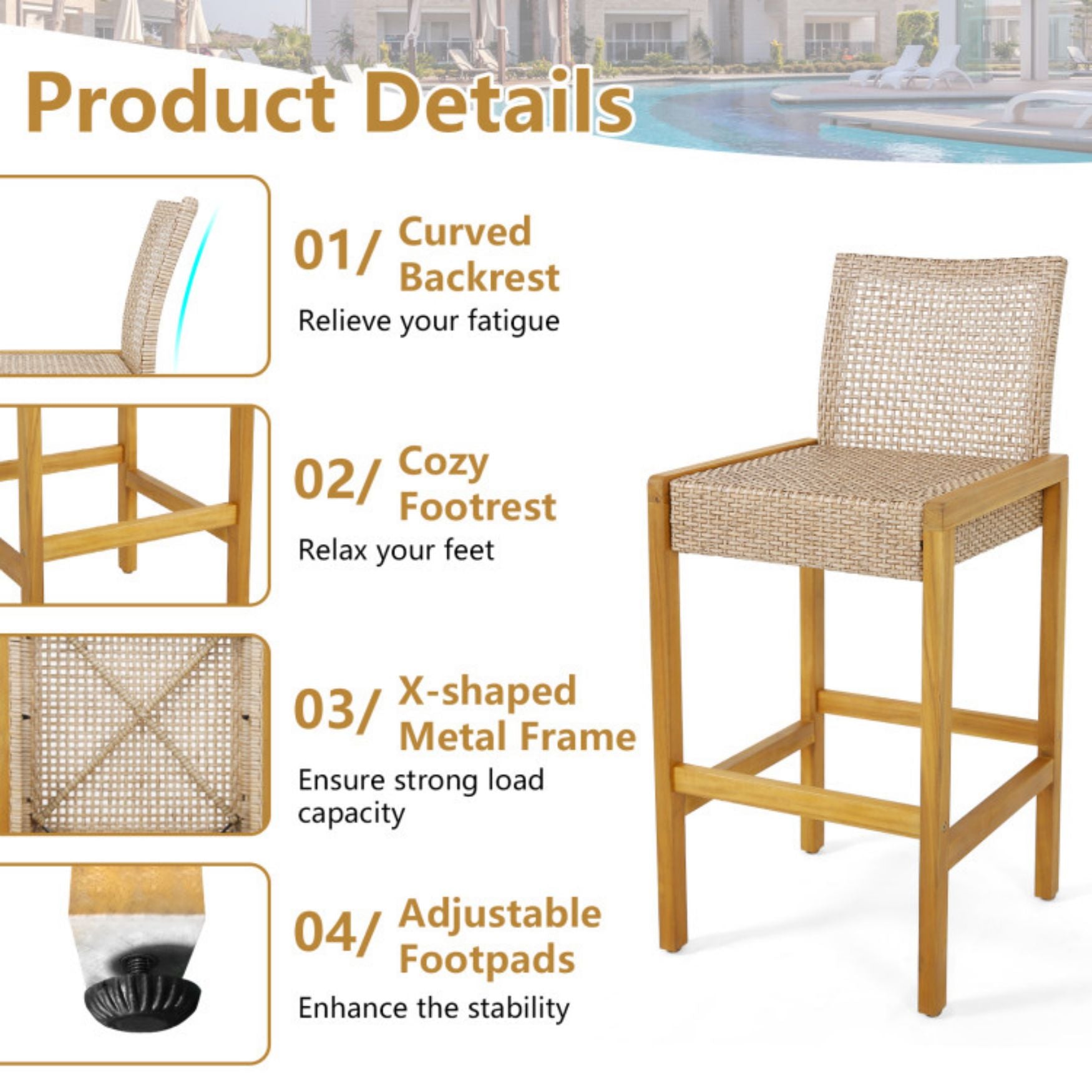 SUGIFT Set of 2 Rattan Patio Wood Barstools Dining Chairs with Backrest