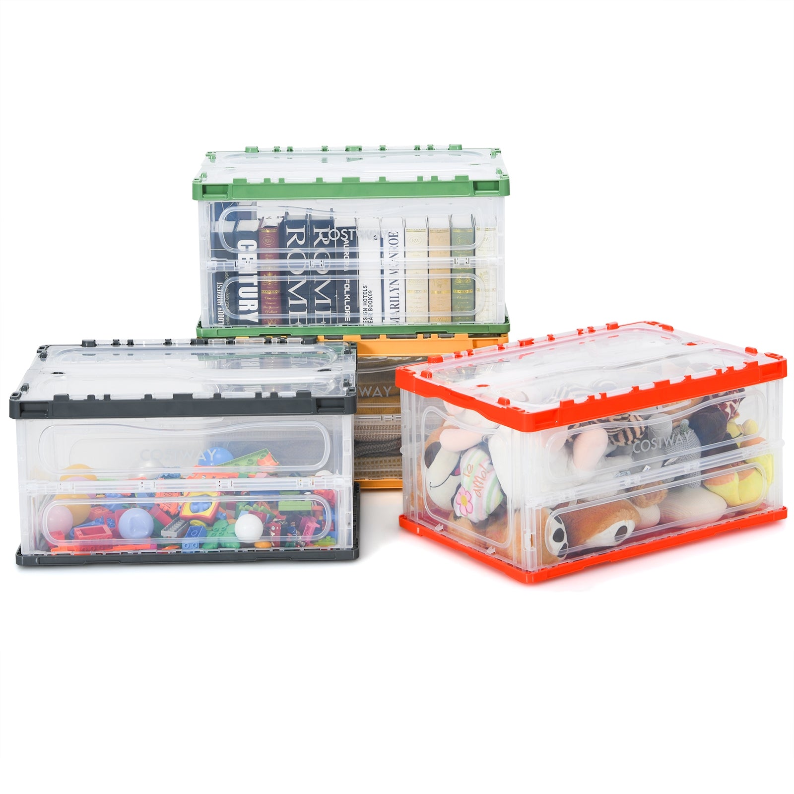 4 Pack Collapsible and Stackable Plastic Storage Bins with Attached Lid