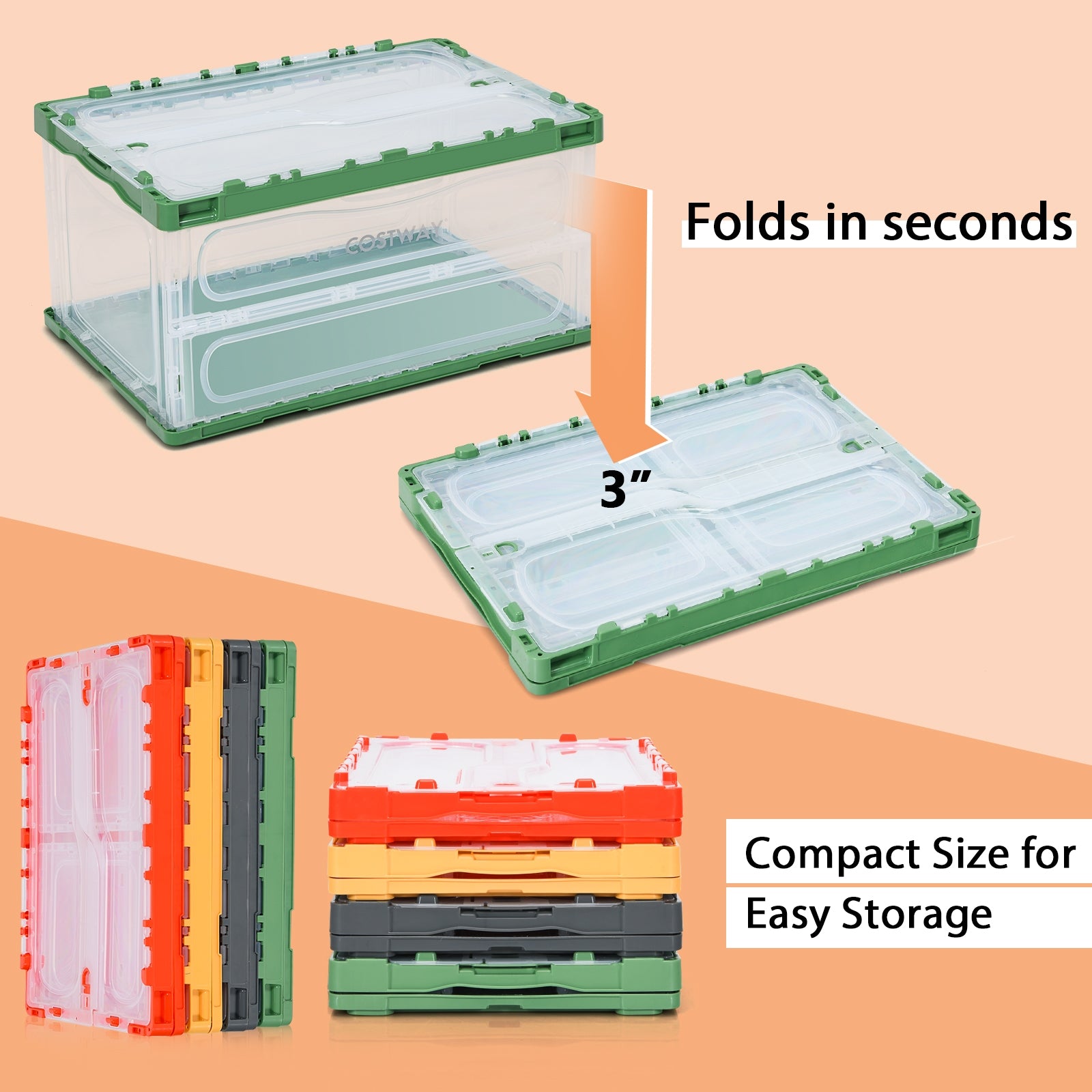 4 Pack Collapsible and Stackable Plastic Storage Bins with Attached Lid