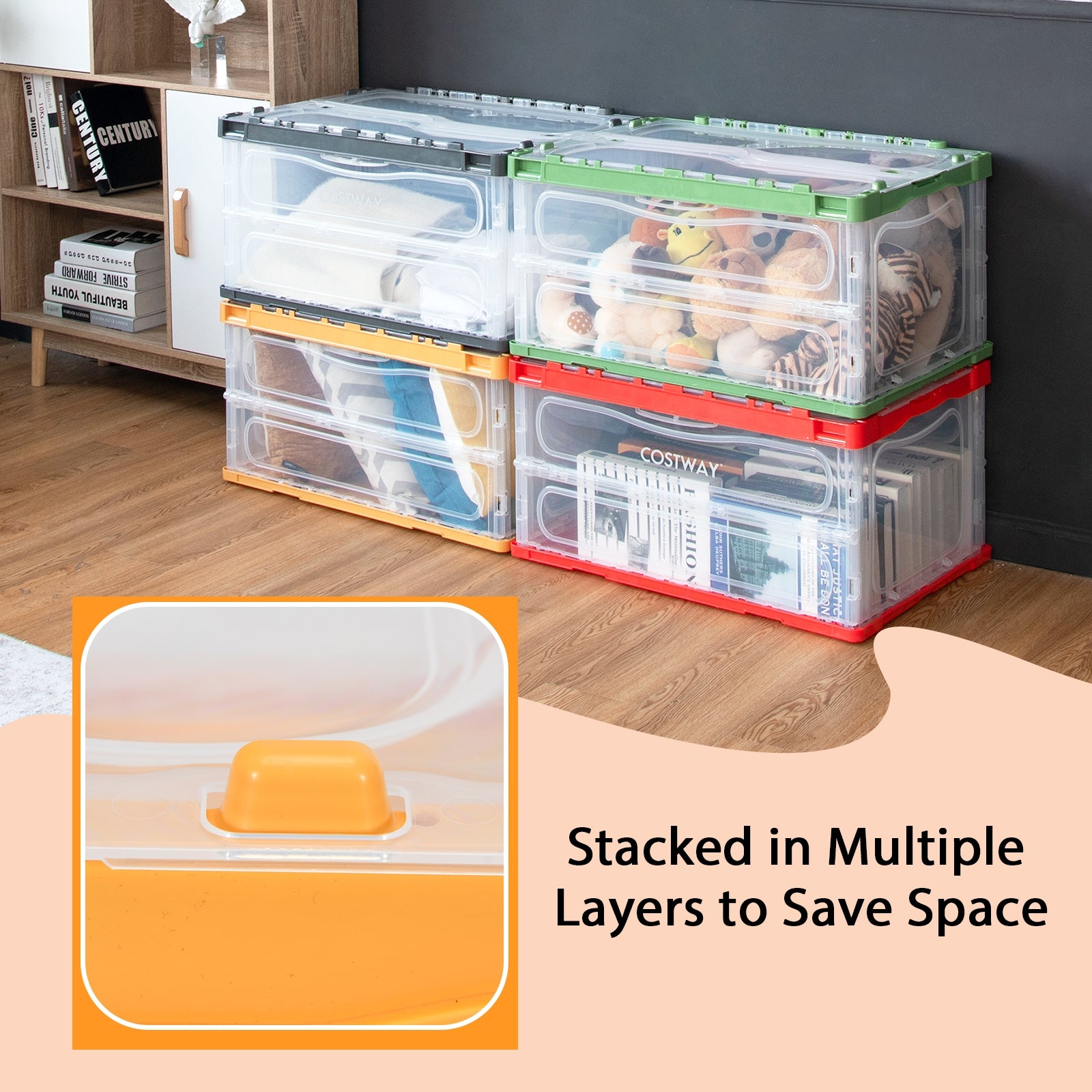 4 Pack Collapsible and Stackable Plastic Storage Bins with Attached Lid