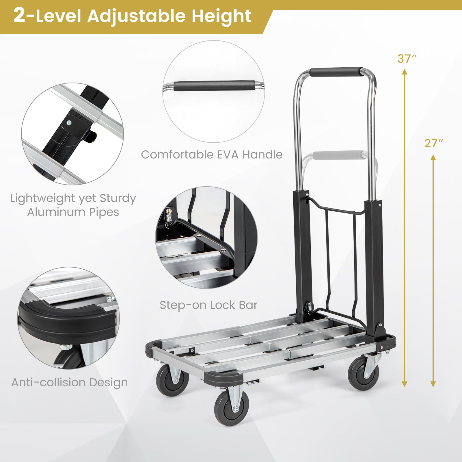 Folding Hand Truck Aluminum Utility Dolly Platform Cart with Extendable Base