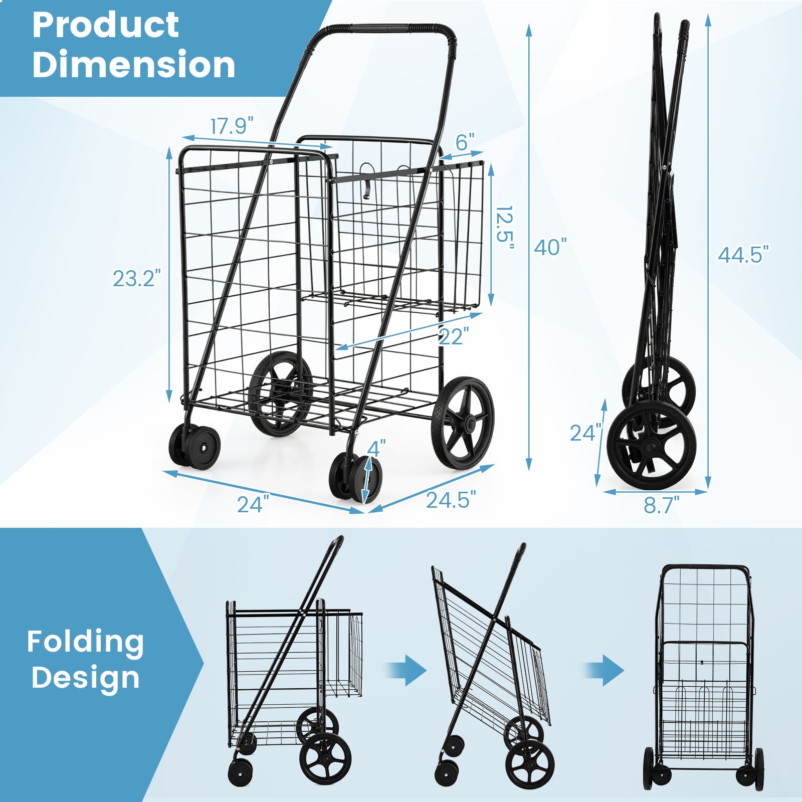 SUGIFT Folding Shopping Cart with Swiveling Wheels and Dual Storage Baskets