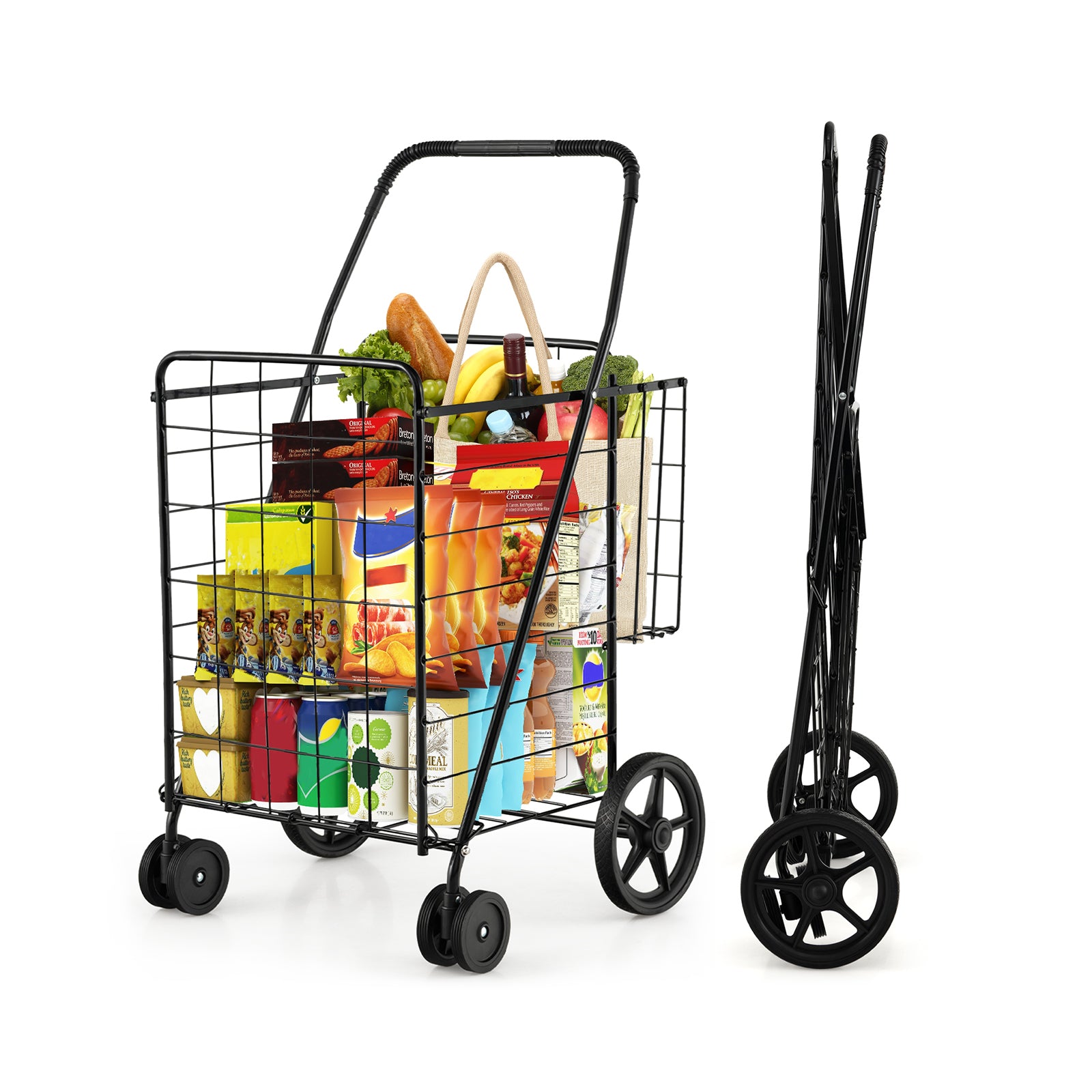 SUGIFT Folding Shopping Cart with Swiveling Wheels and Dual Storage Baskets
