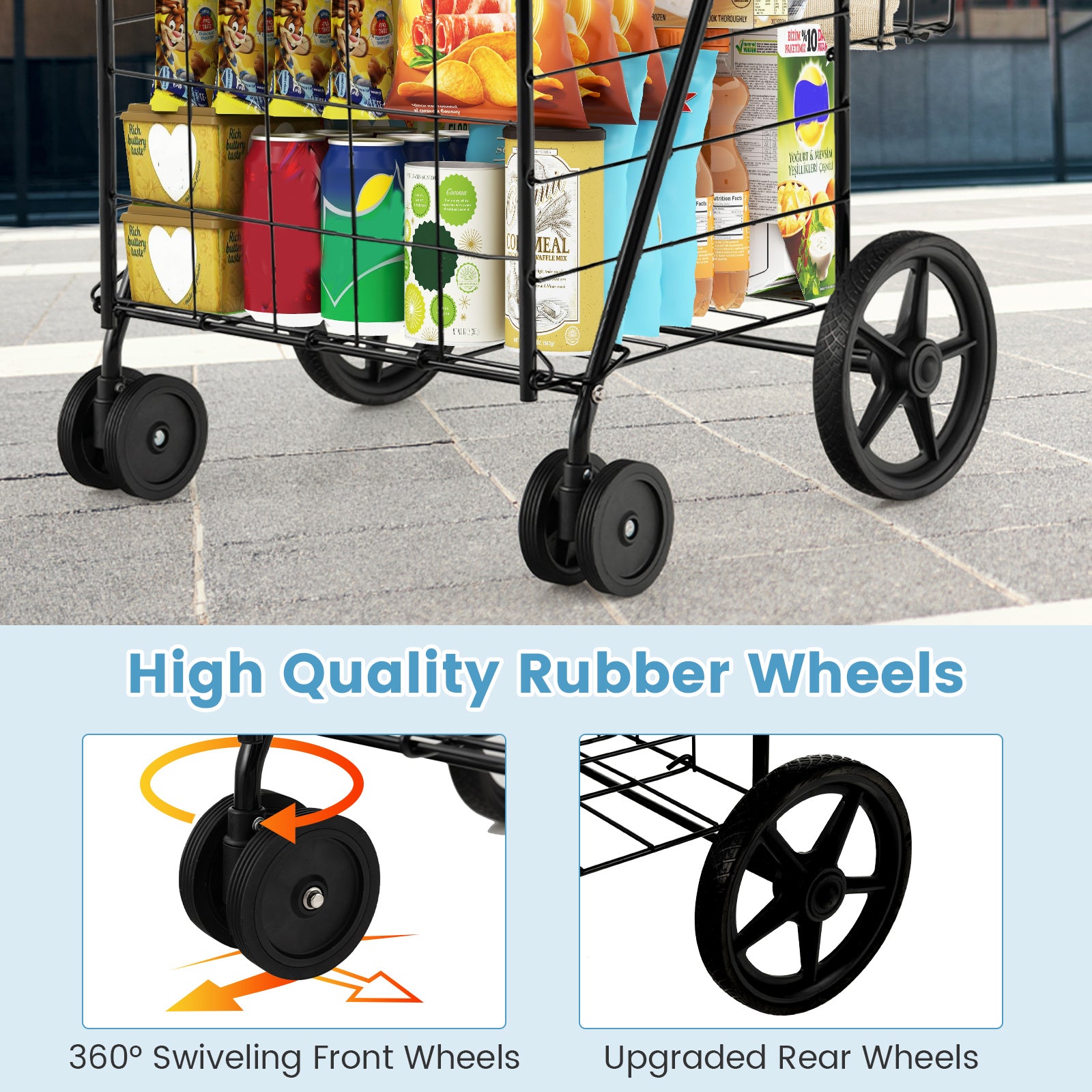 SUGIFT Folding Shopping Cart with Swiveling Wheels and Dual Storage Baskets