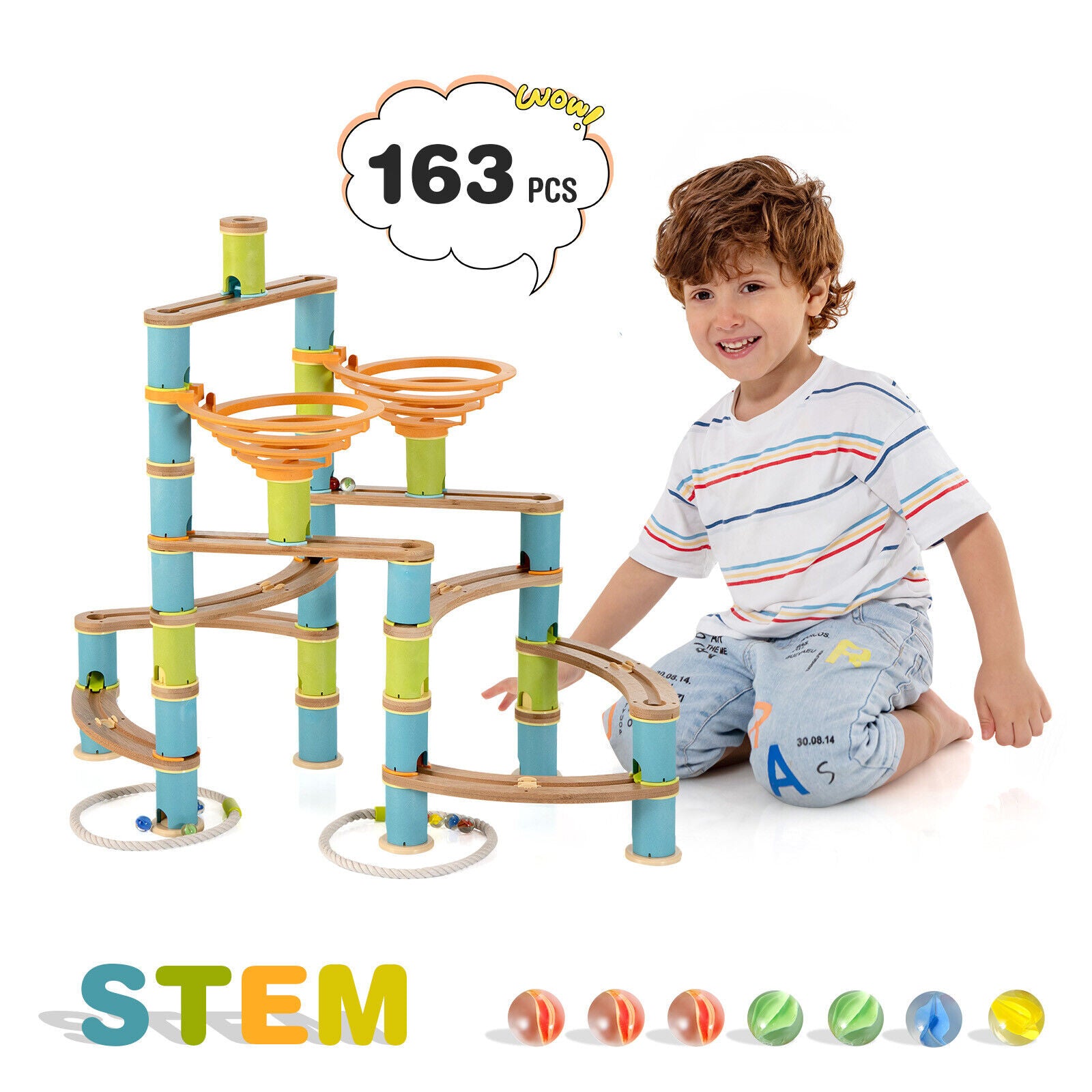 SUGIFT 162 Pieces Bamboo Marble Run Educational Learning Toy Set