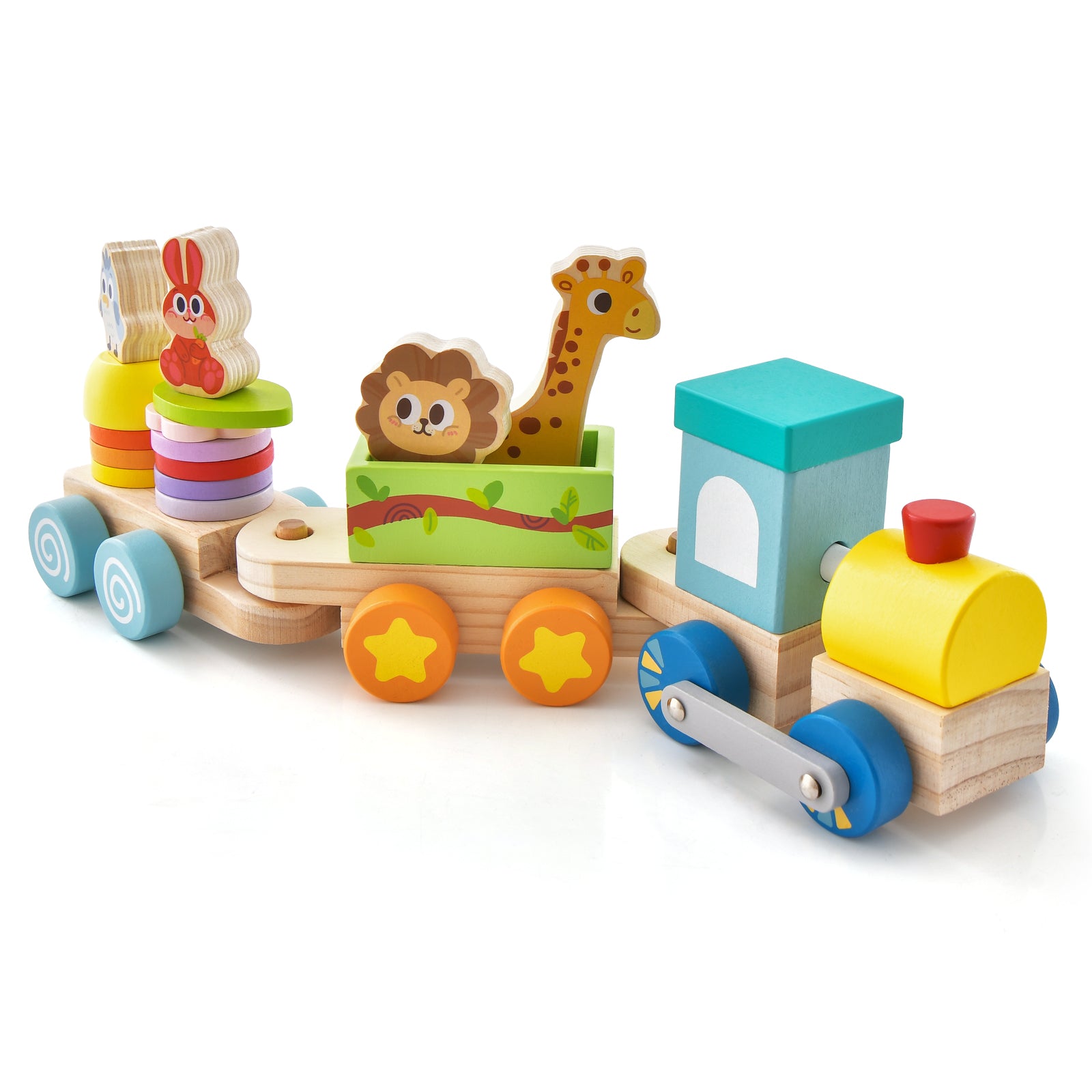 SUGIFT Wooden Stackable Educational Train Set with Colorful Animal Toys and Retractable Locomotive