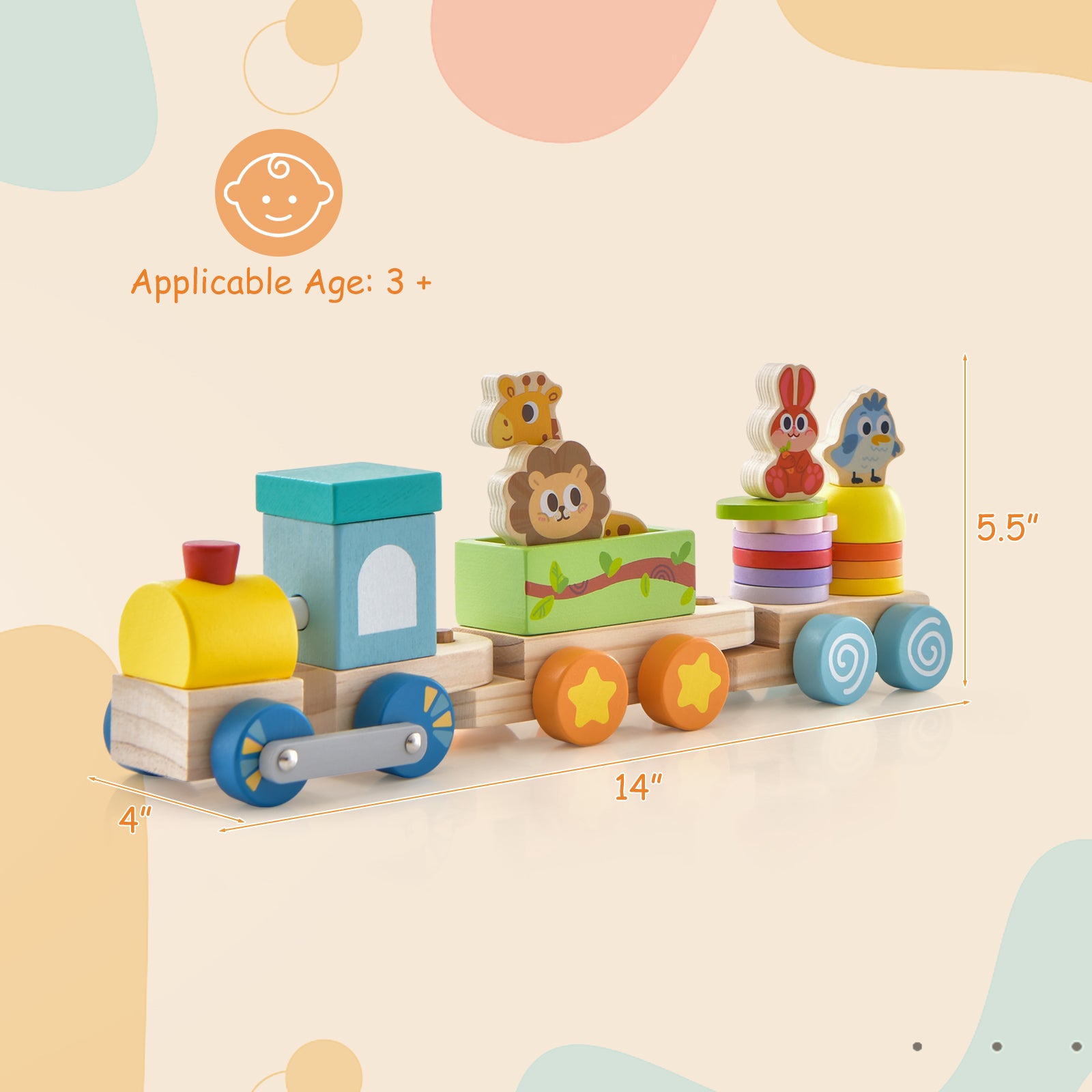 SUGIFT Wooden Stackable Educational Train Set with Colorful Animal Toys and Retractable Locomotive