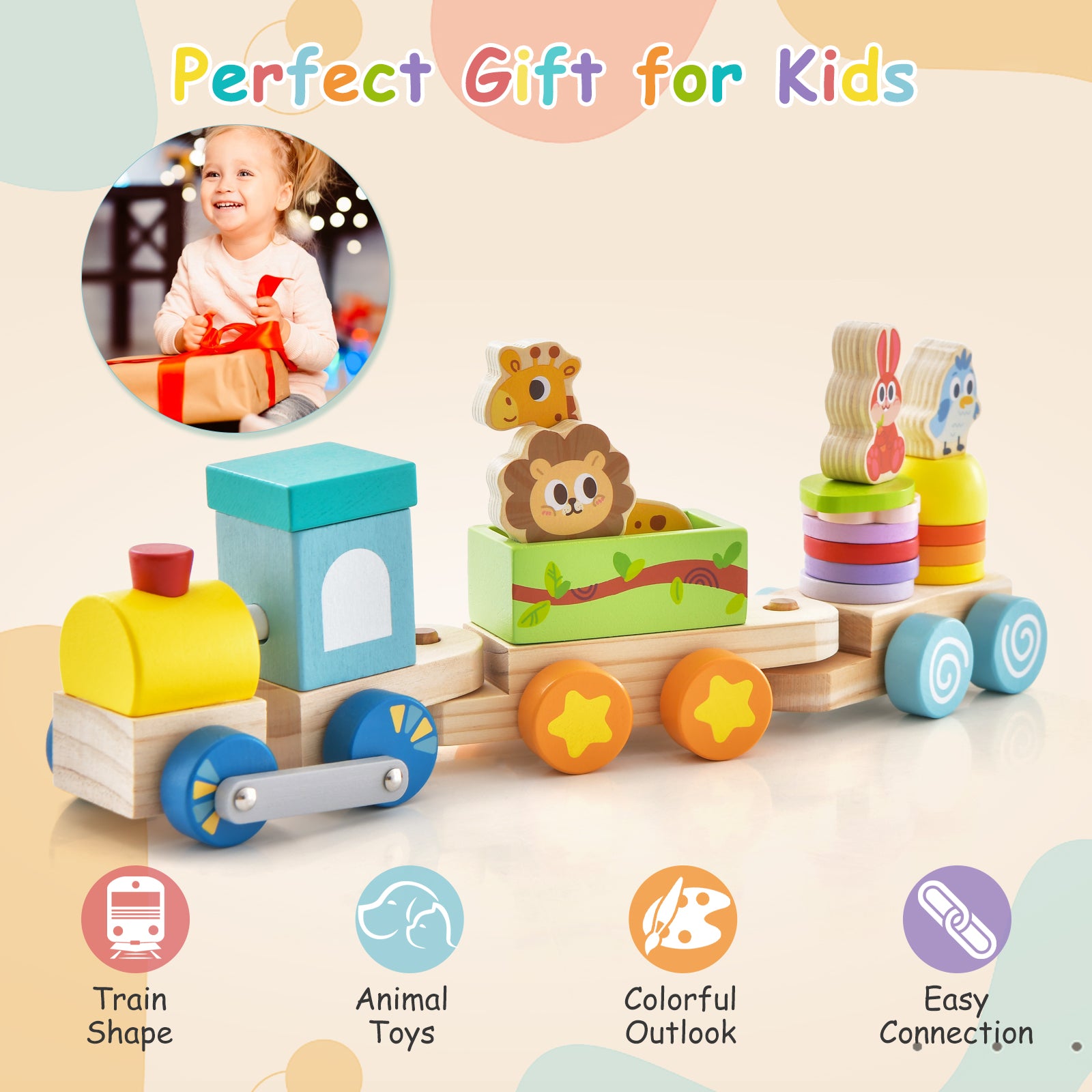 SUGIFT Wooden Stackable Educational Train Set with Colorful Animal Toys and Retractable Locomotive
