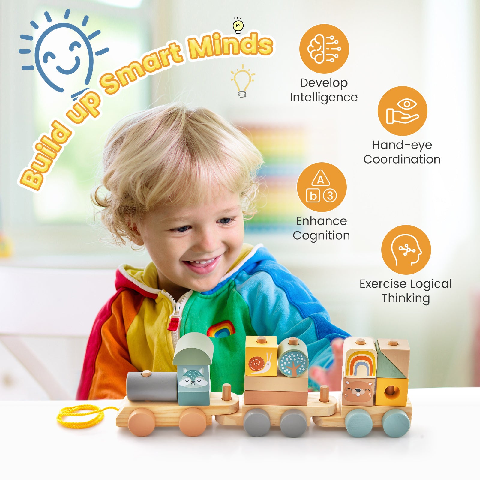 SUGIFT Wooden Toy Train Set with Stacking Wooden Blocks and Cute Animal Patterns