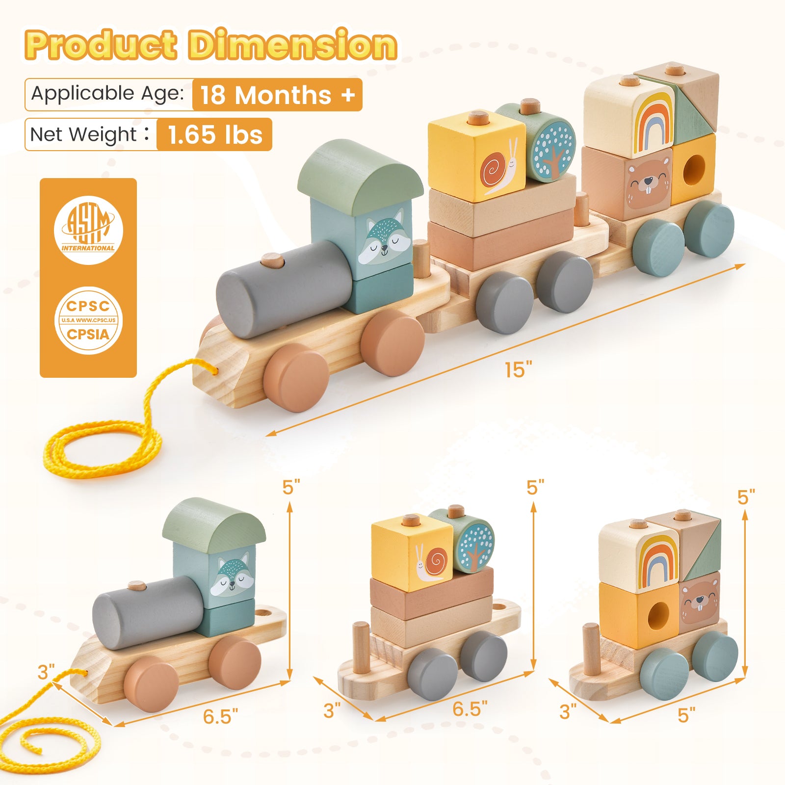 SUGIFT Wooden Toy Train Set with Stacking Wooden Blocks and Cute Animal Patterns