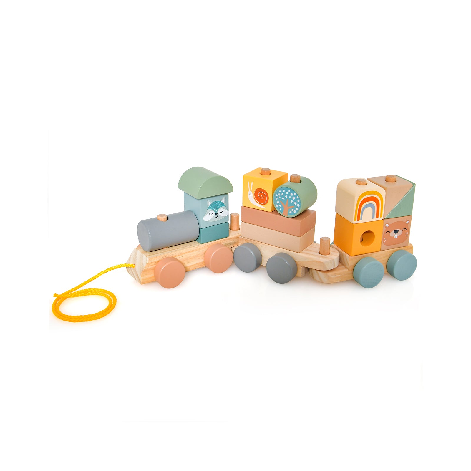 SUGIFT Wooden Toy Train Set with Stacking Wooden Blocks and Cute Animal Patterns